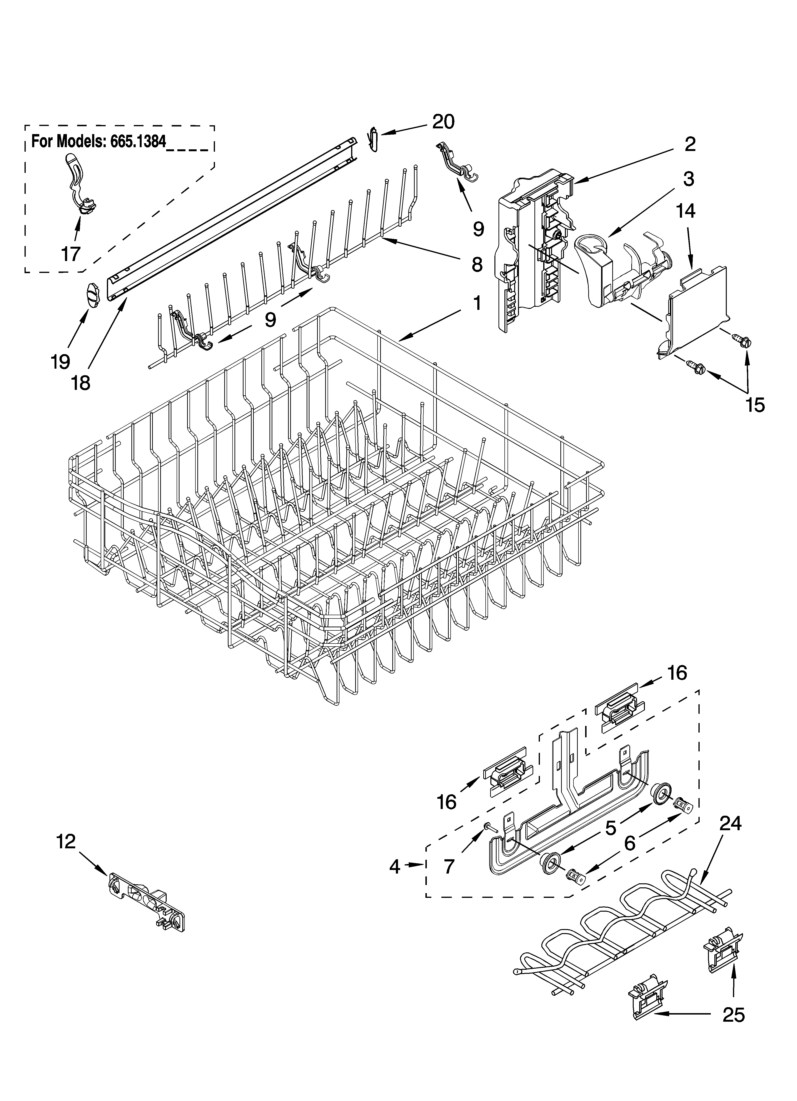 Kenmore 66513749K600 upper rack and track parts diagram