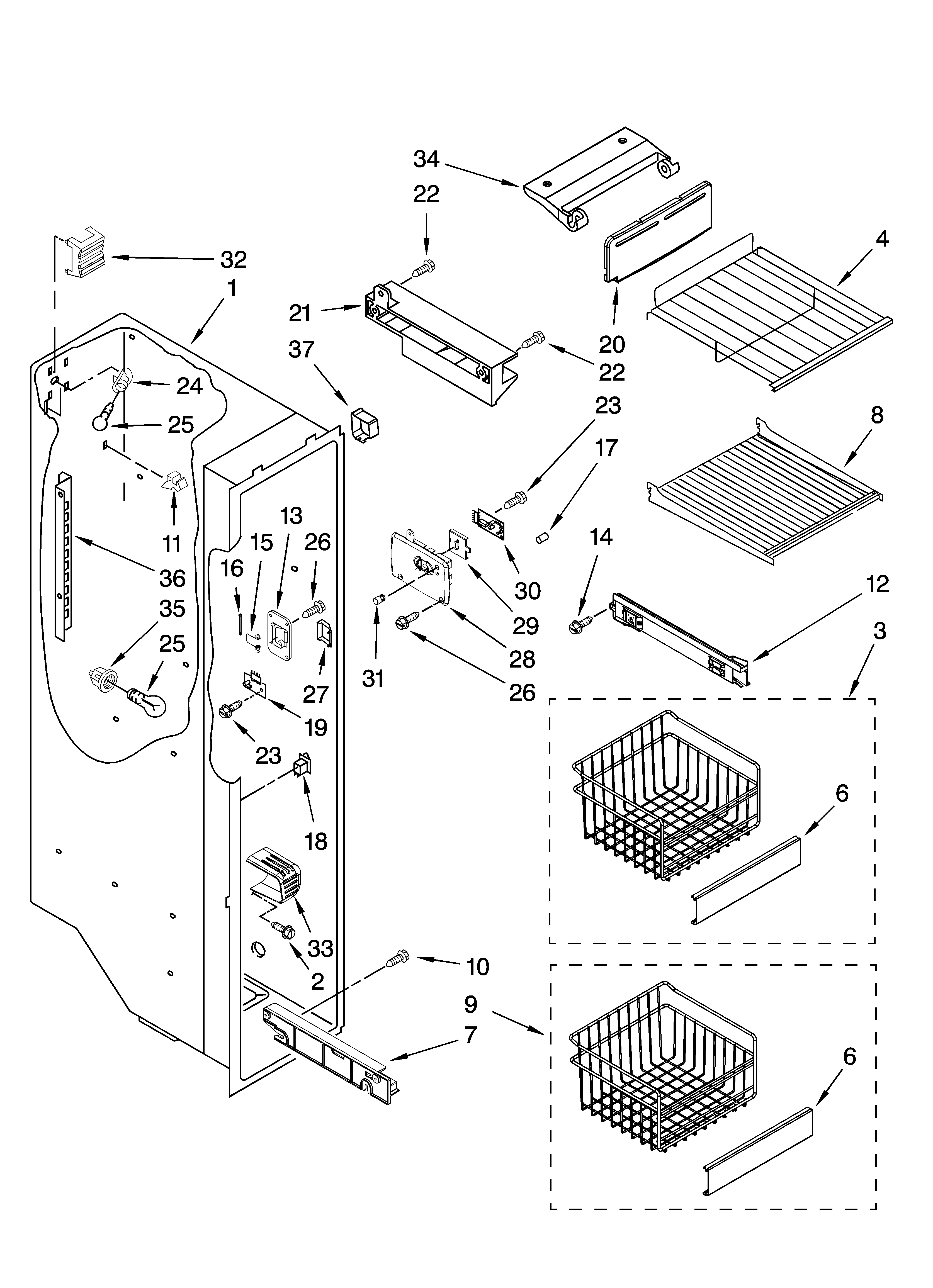Kenmore Elite 10645432800 freezer liner parts diagram