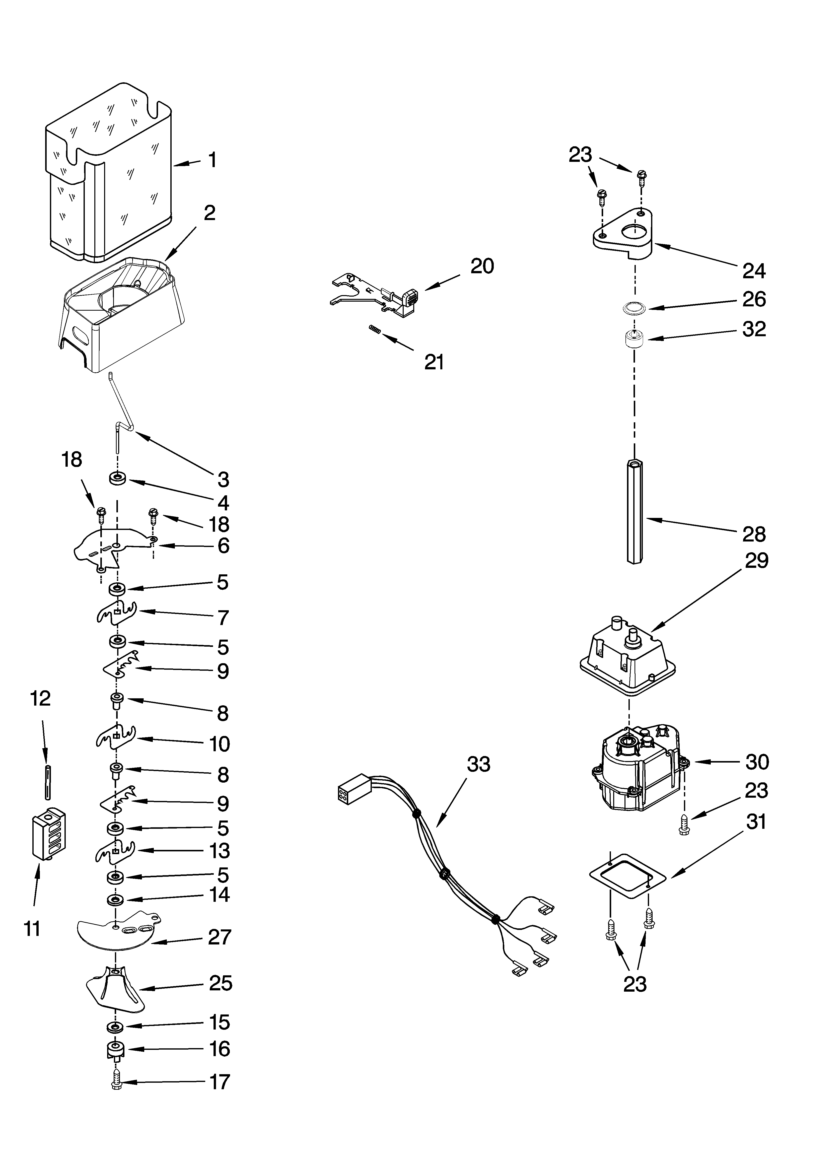 Kenmore Elite 10645432800 motor and ice container parts diagram