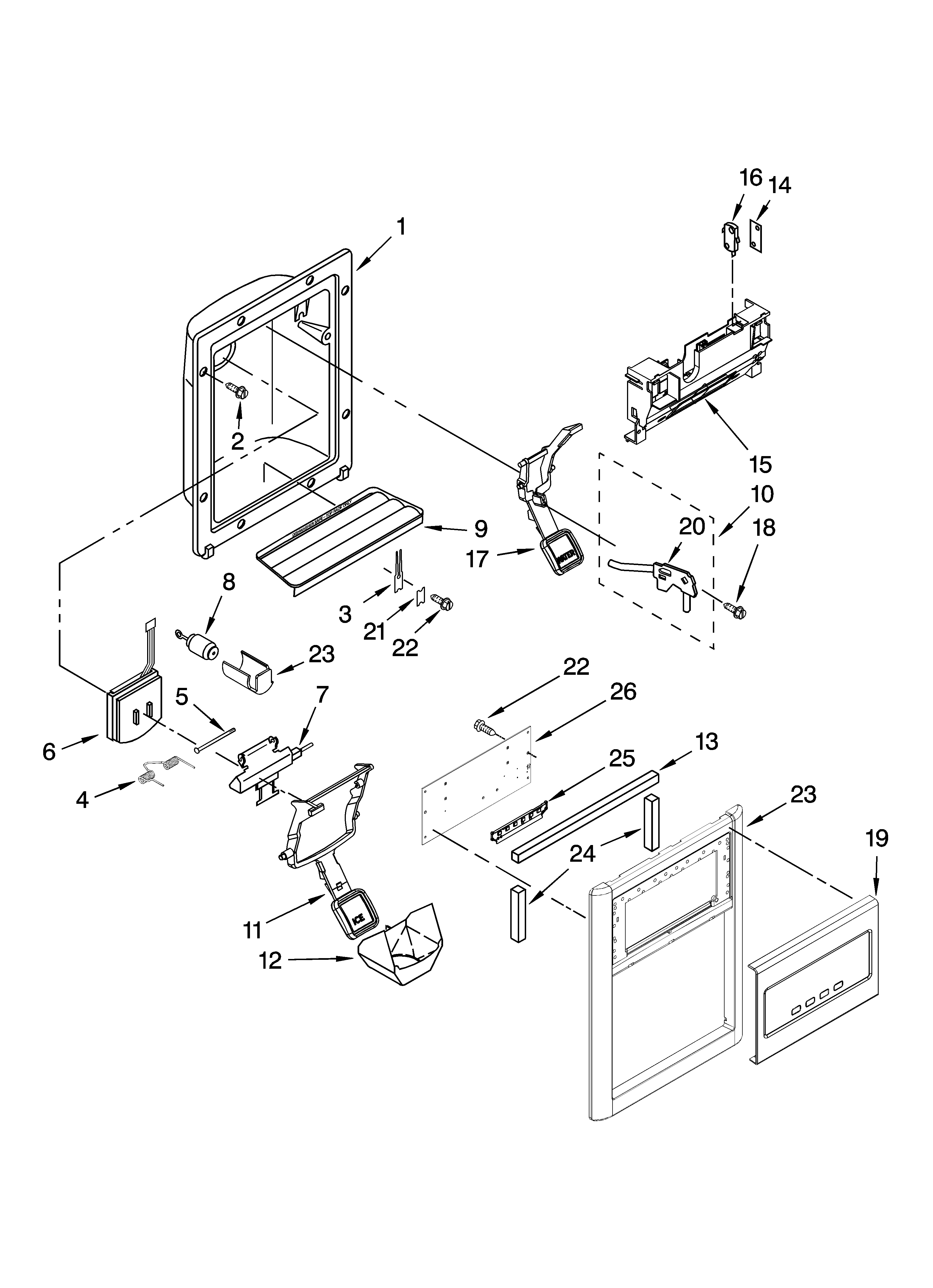 Kenmore Elite 10645432800 dispenser front parts diagram