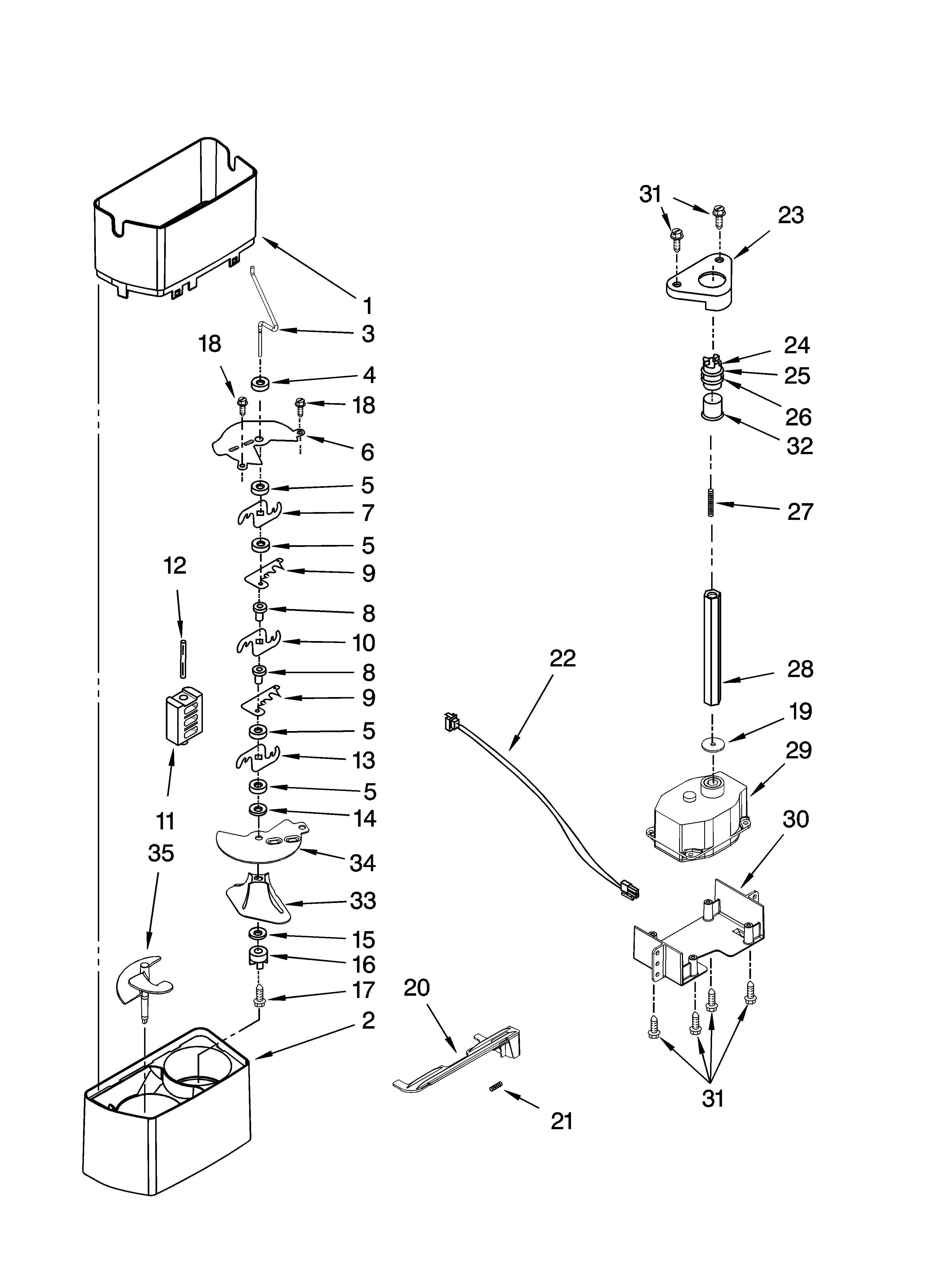 Kenmore Elite 10654792800 motor and ice container parts diagram