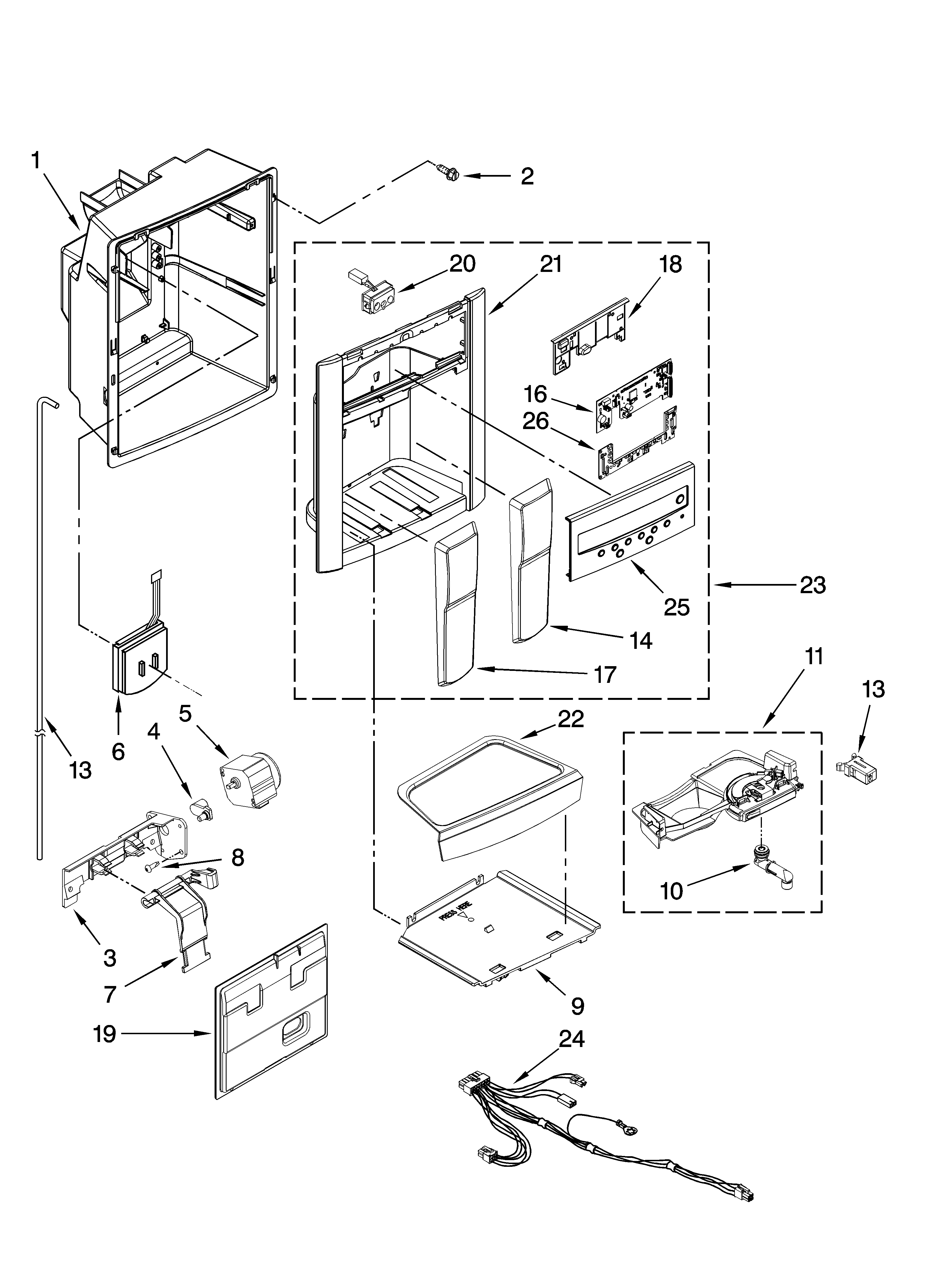 Kenmore Elite 10654792800 dispenser front parts diagram
