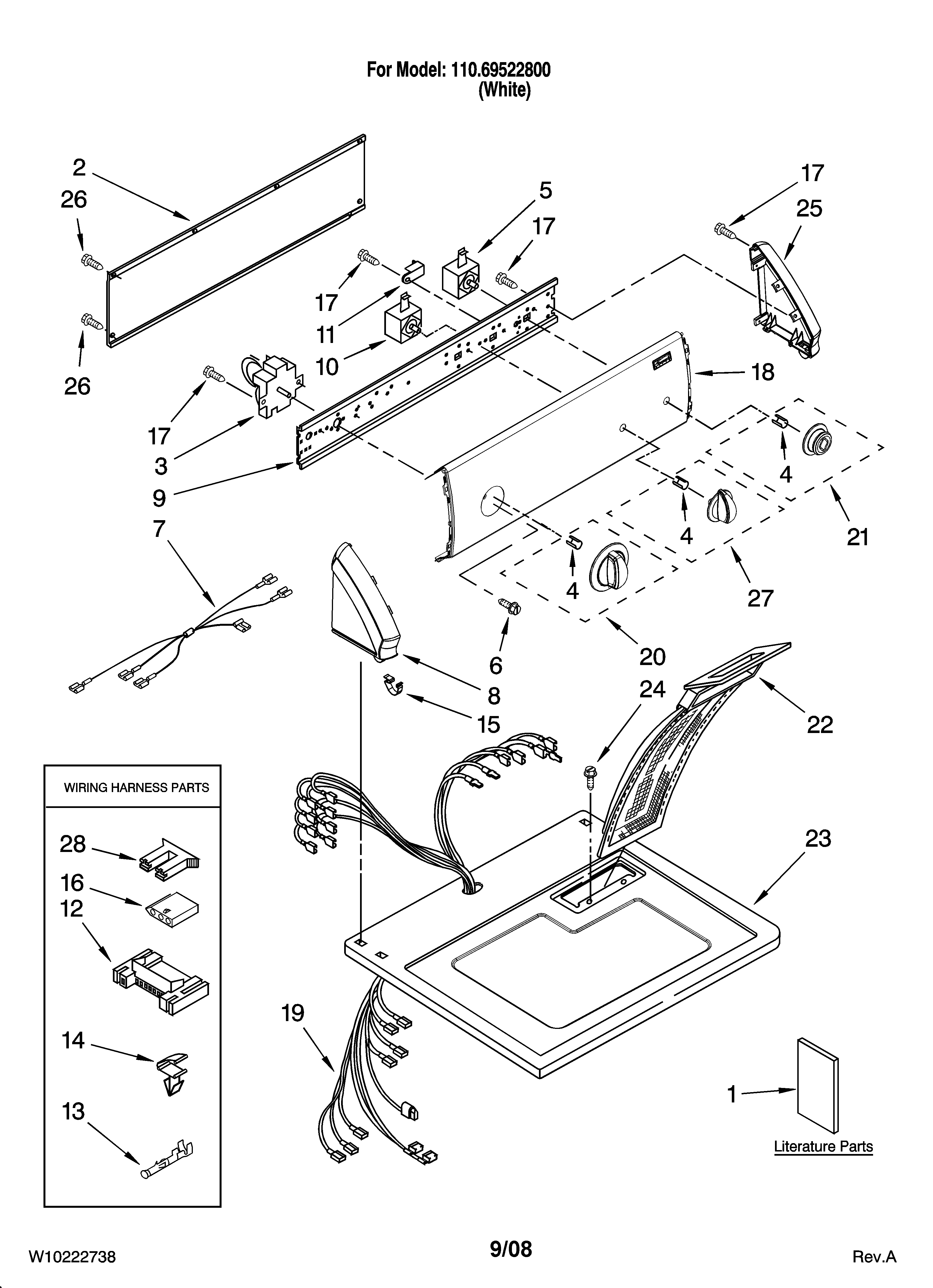 Kenmore 11069522800 top and console parts diagram
