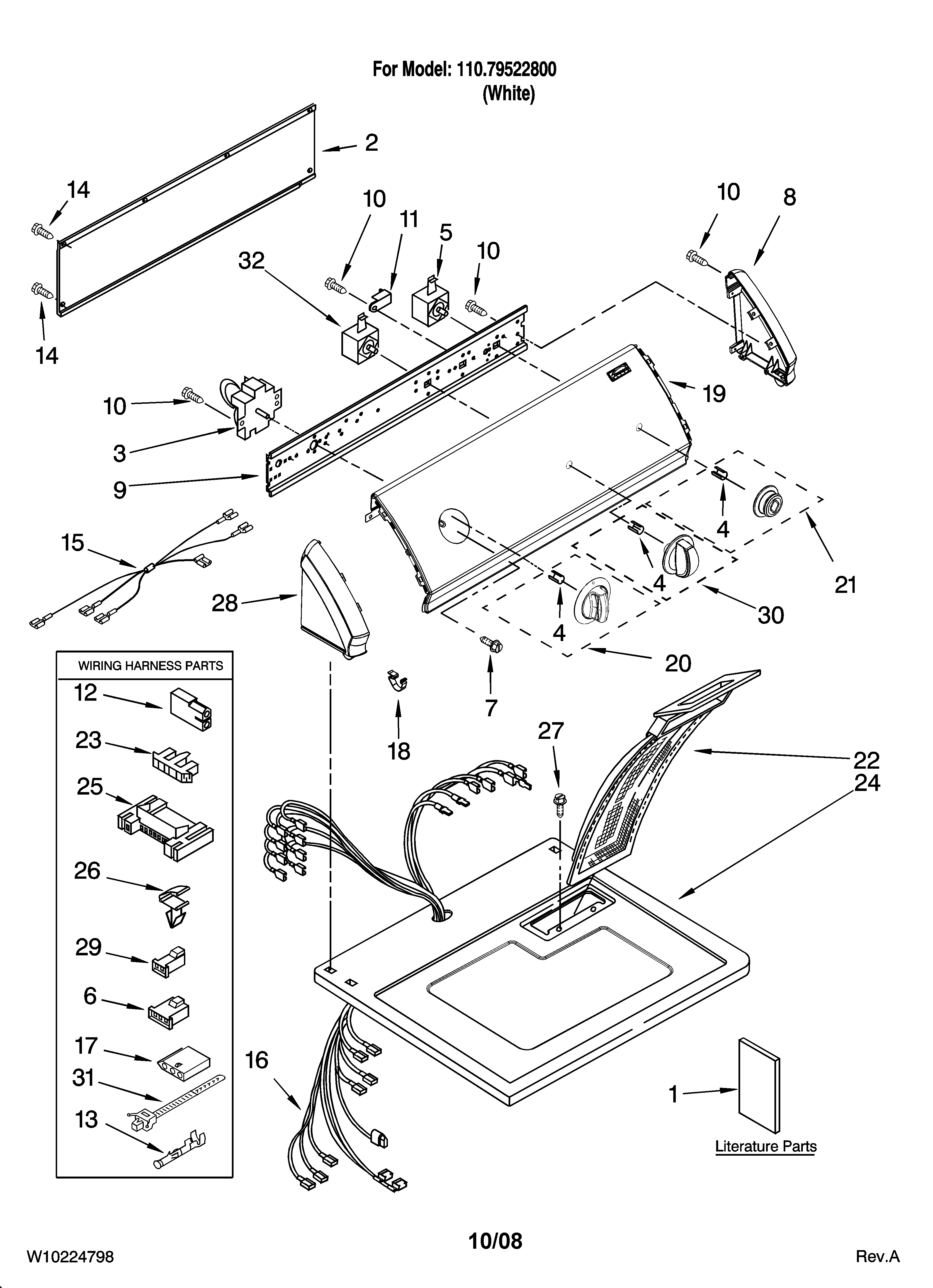 Kenmore 11079522800 top and console parts diagram