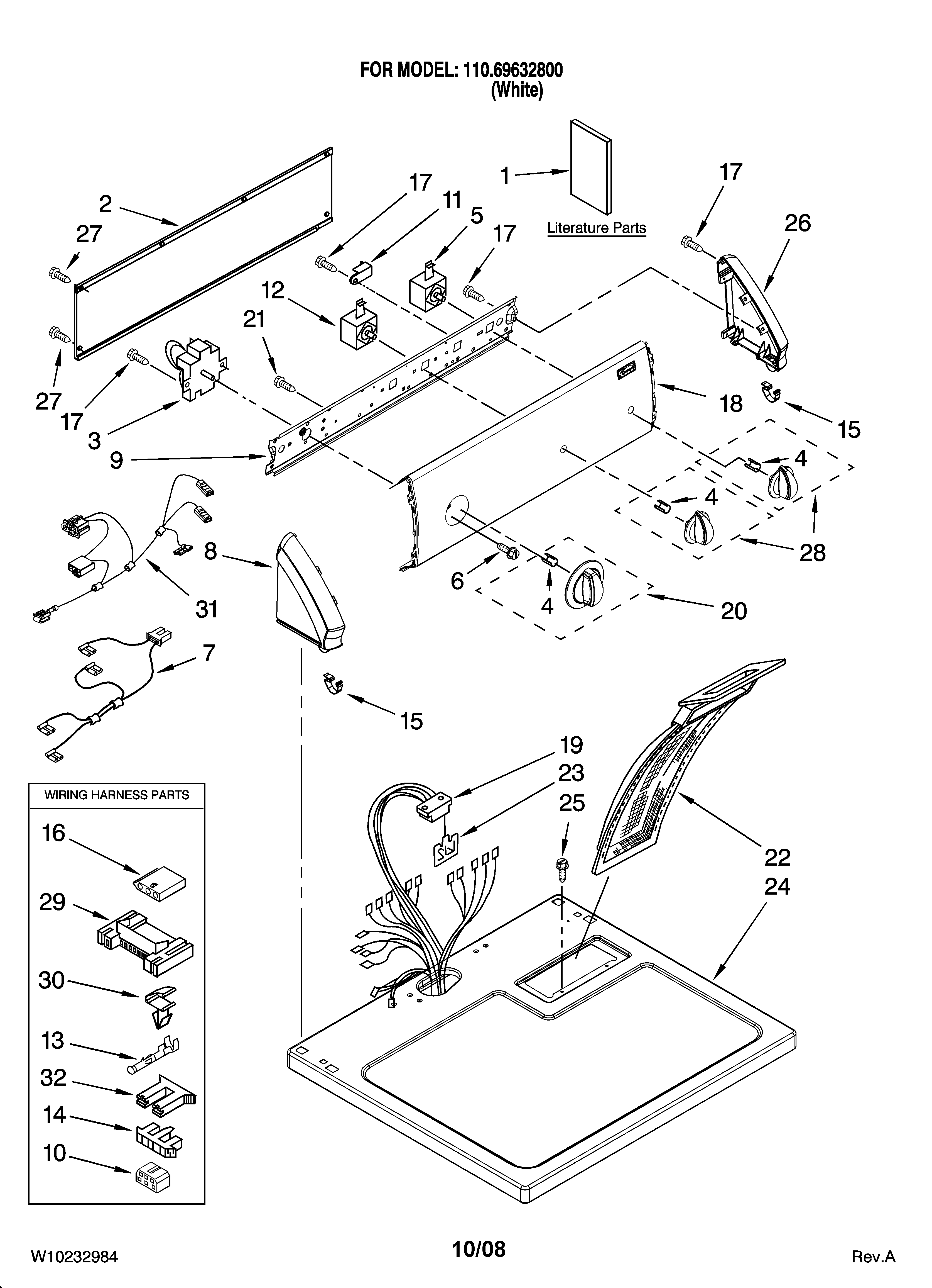 Kenmore 11069632800 top and console parts diagram