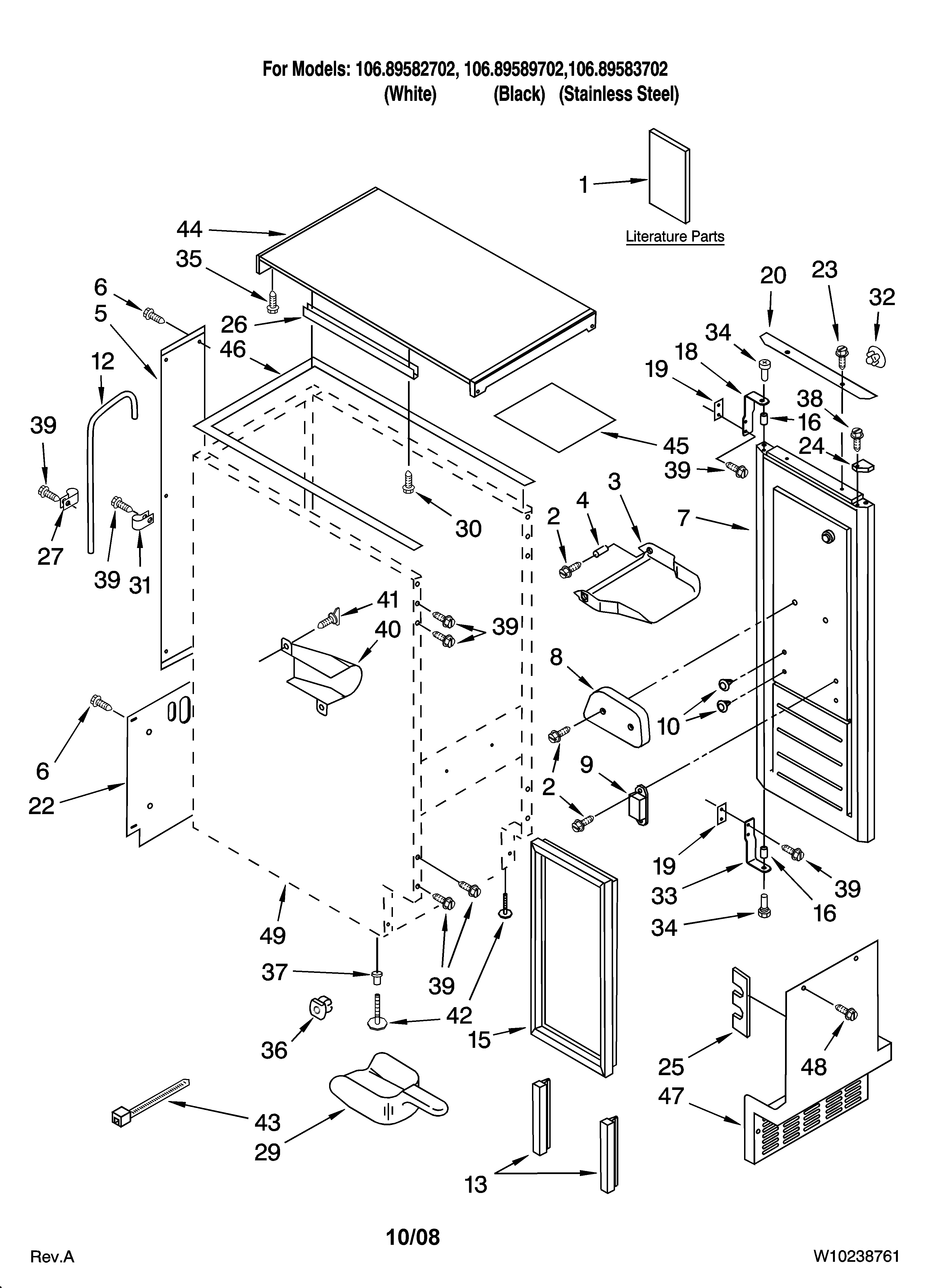 Kenmore 10689583702 cabinet liner and door parts diagram