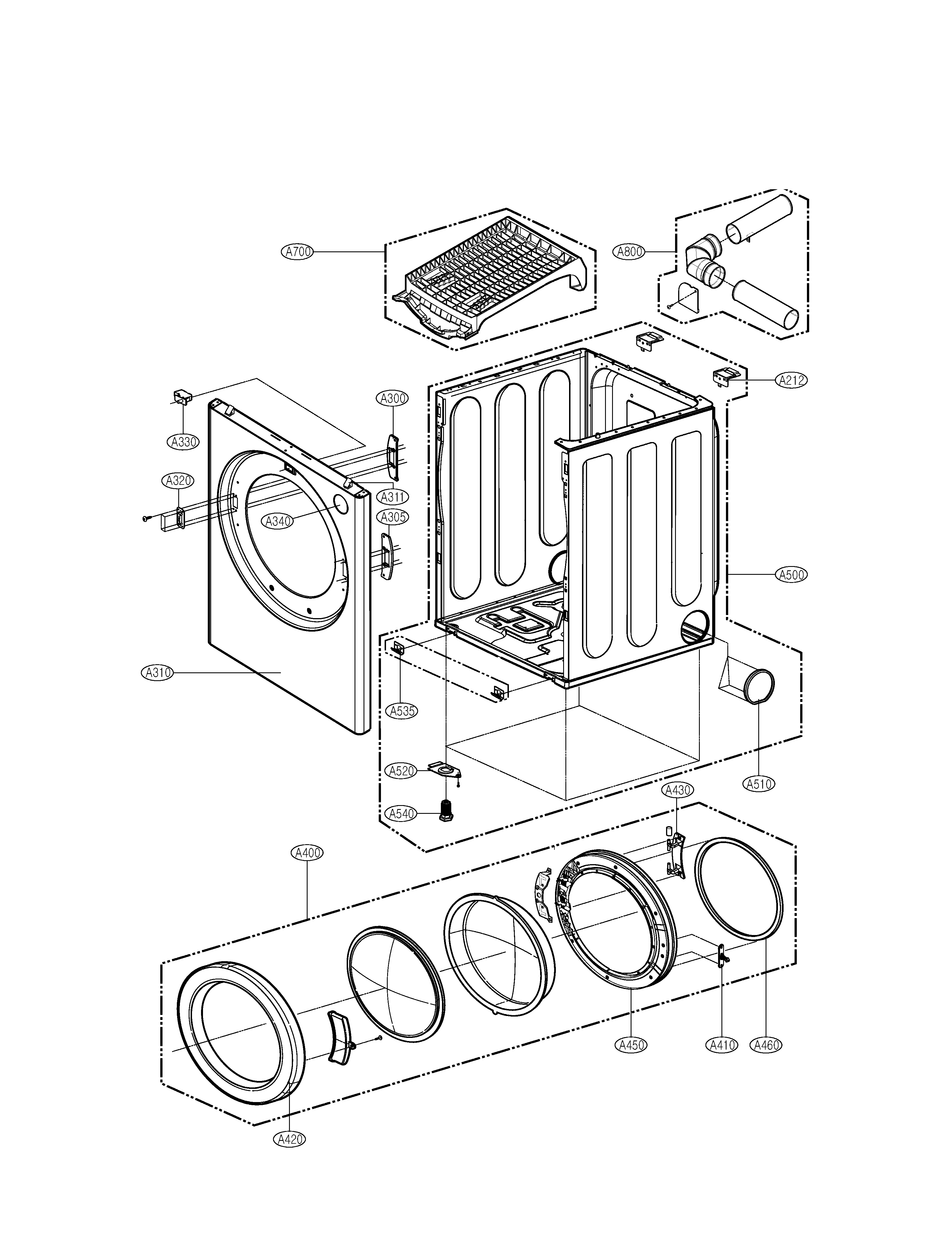 LG DLE0442G cabinet & door assembly diagram