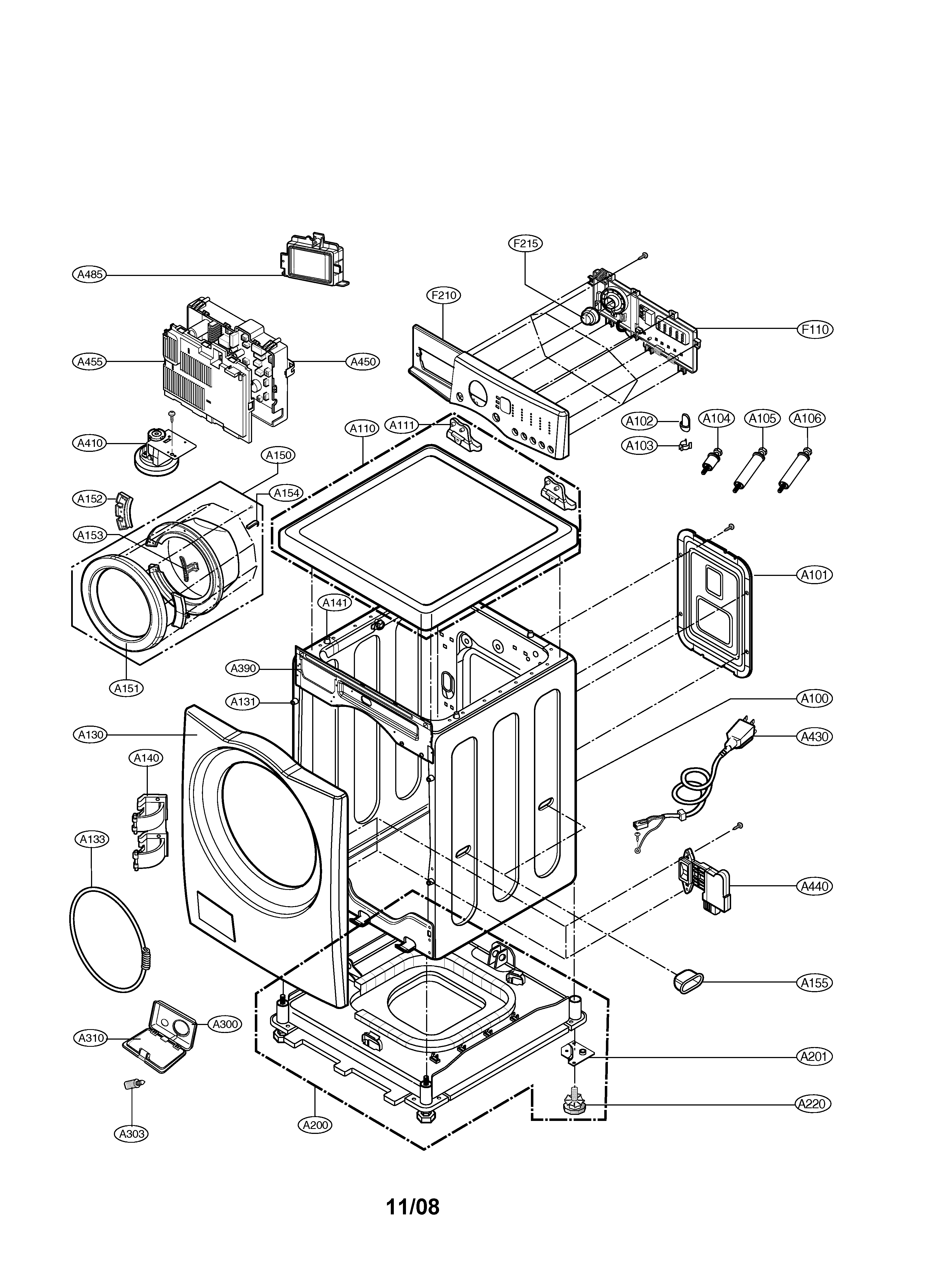 LG WM2233HW/00 cabinet & control panel diagram