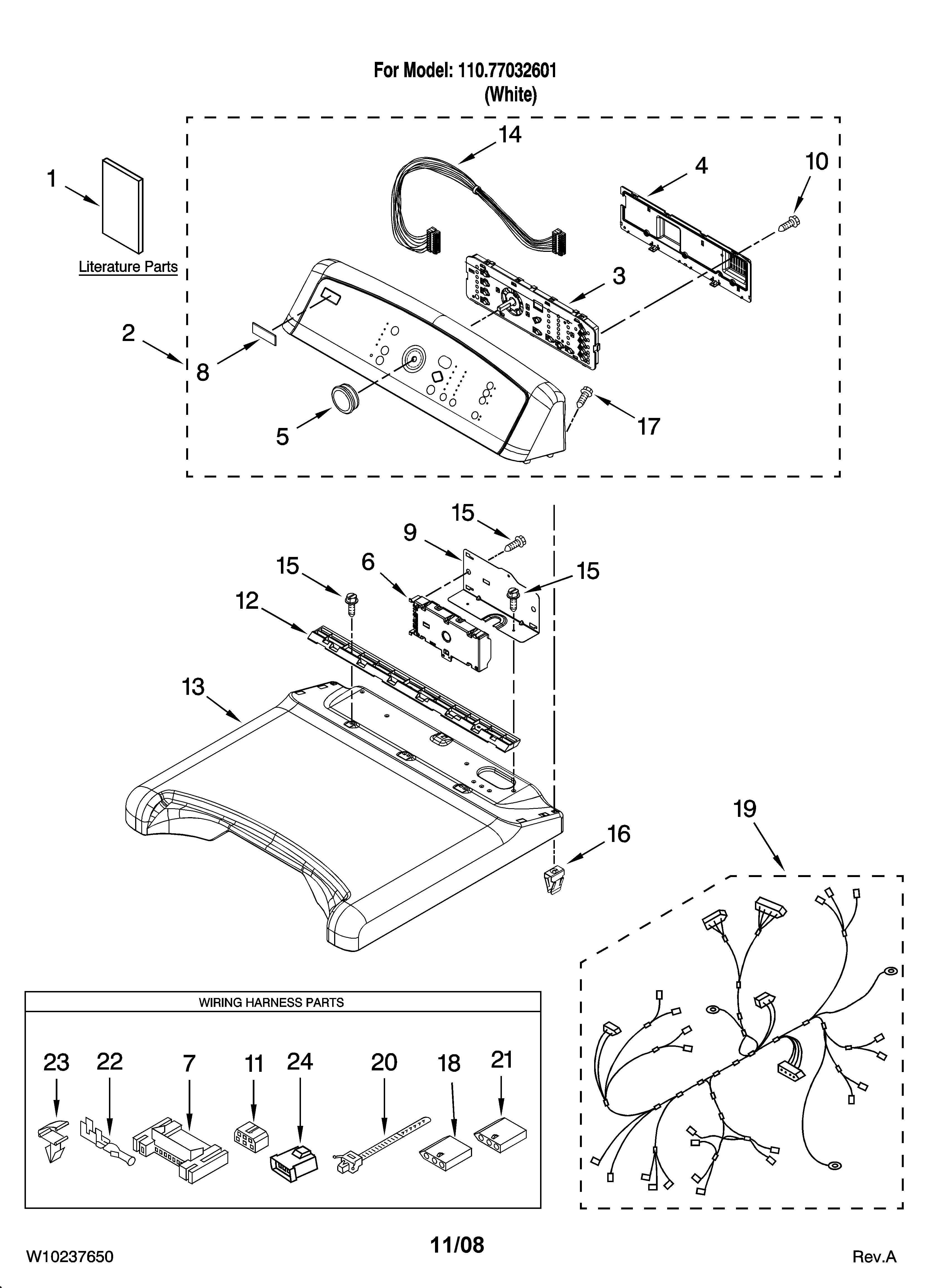 Kenmore Elite 11077032601 top and console parts diagram