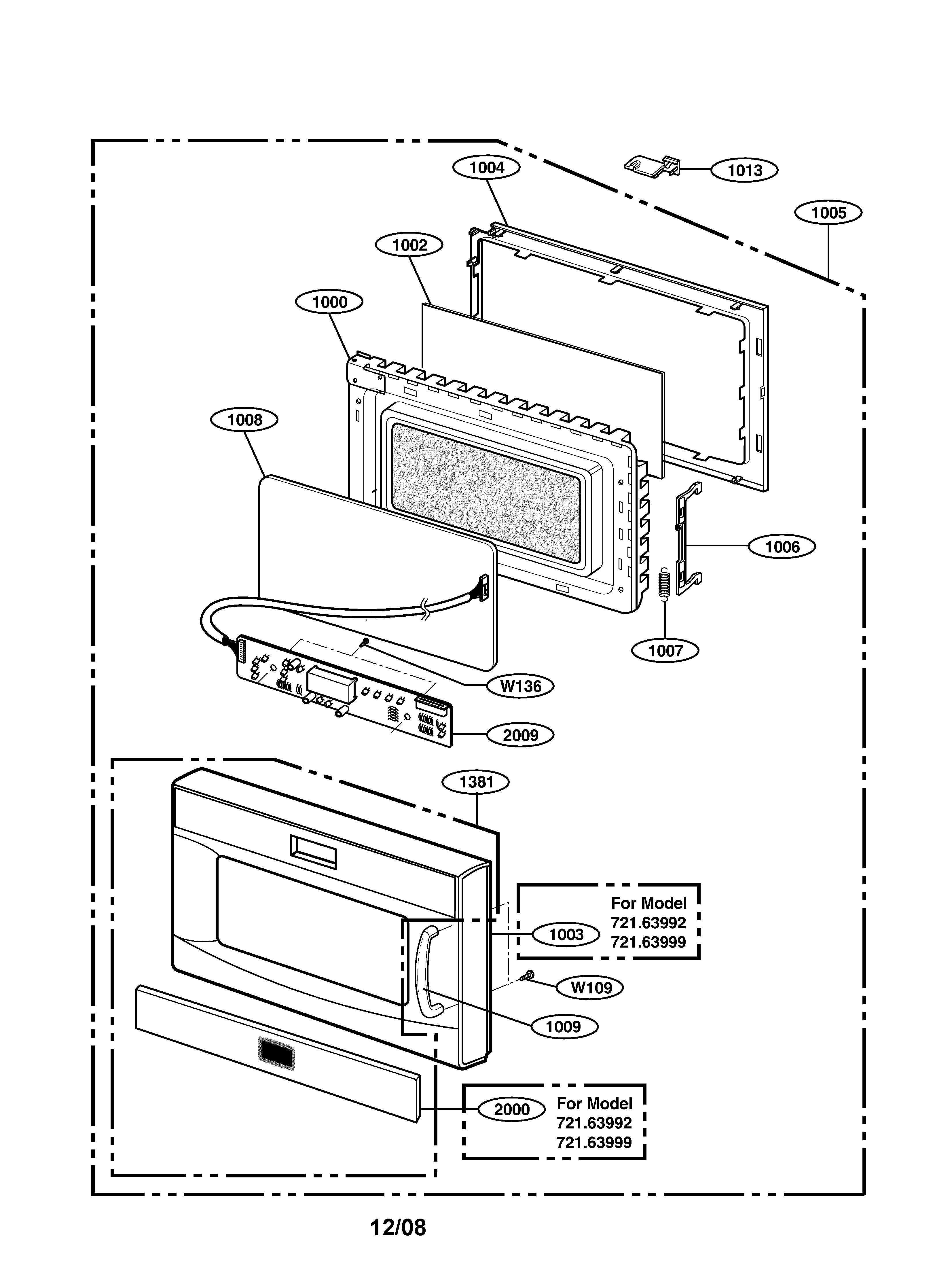 Kenmore 72163993302 door and control panel parts diagram