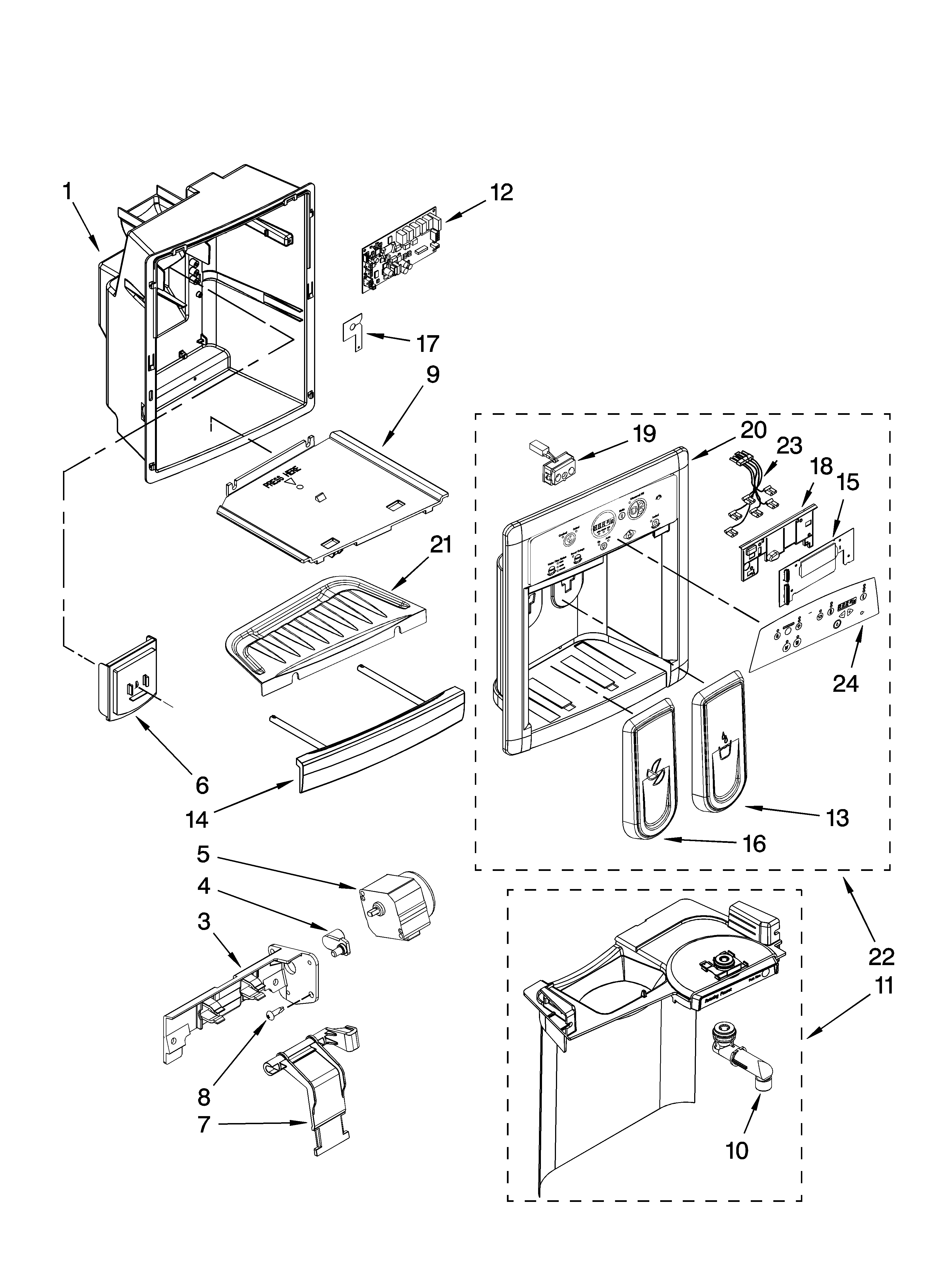 Kenmore Elite 10657713705 dispenser front parts diagram