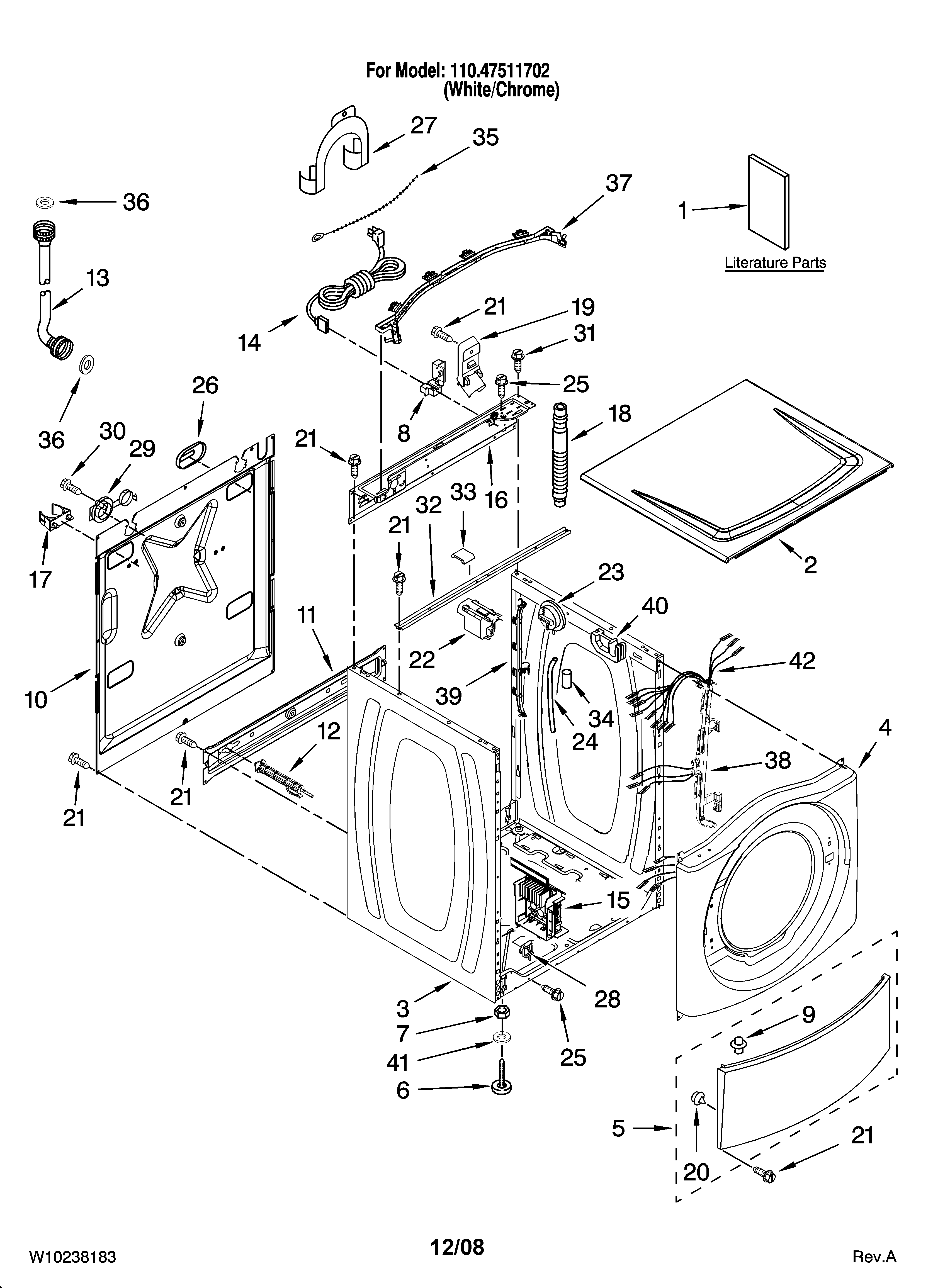 Kenmore 11047511702 top and cabinet parts diagram