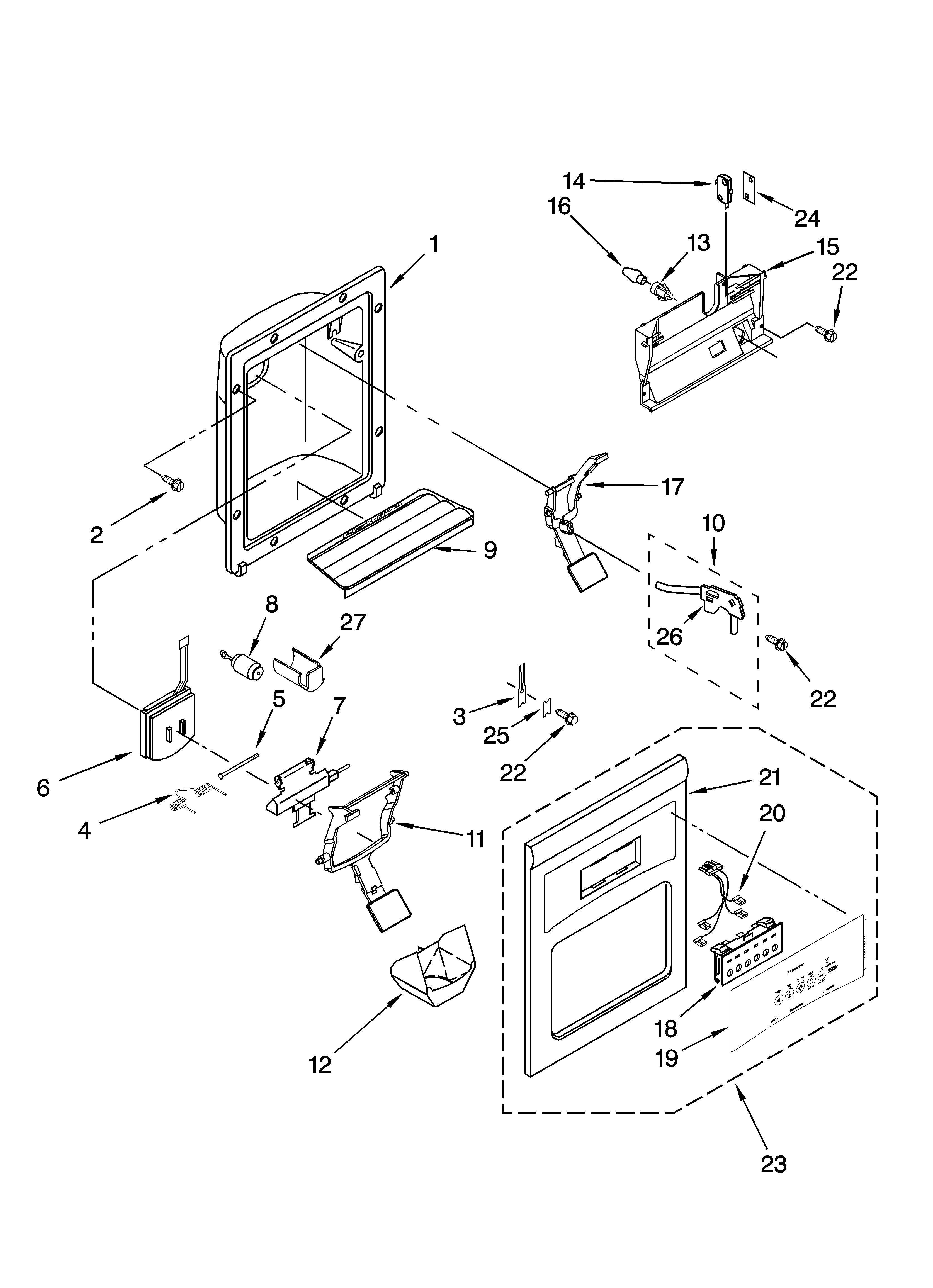Kenmore 10658519801 dispenser front parts diagram