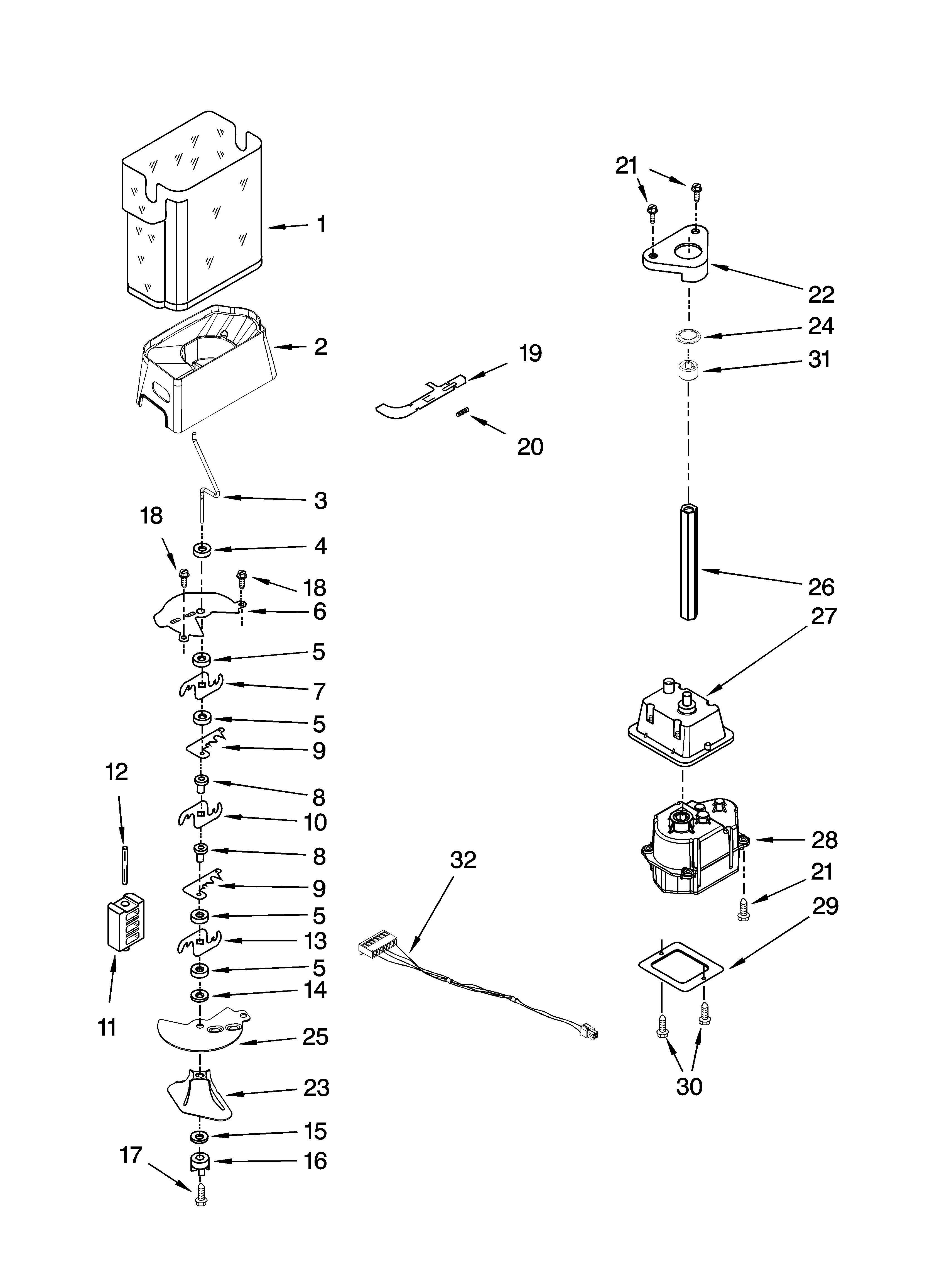 Kenmore 10658736802 motor and ice container parts diagram