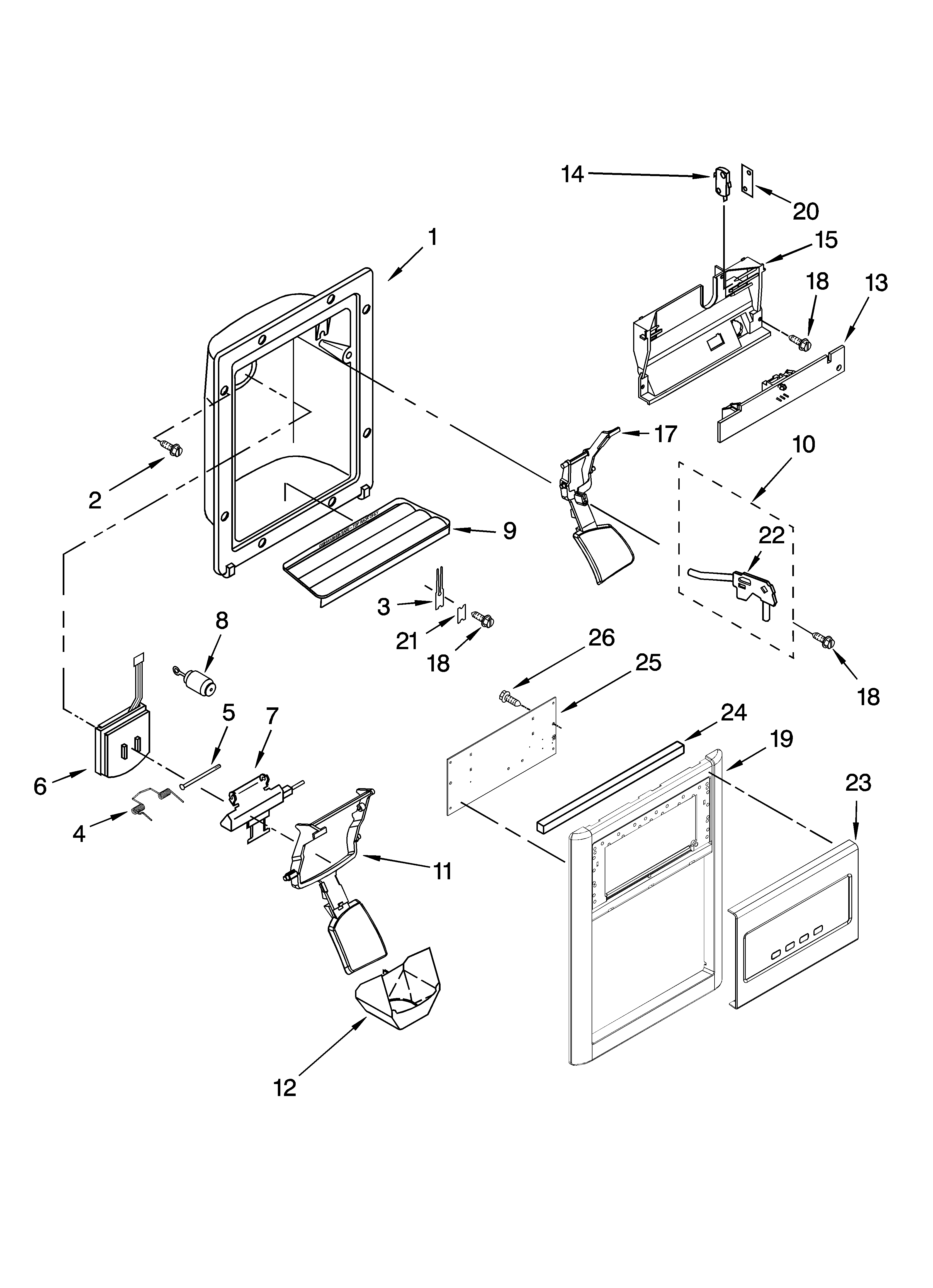 Kenmore 10658736802 dispenser front parts diagram