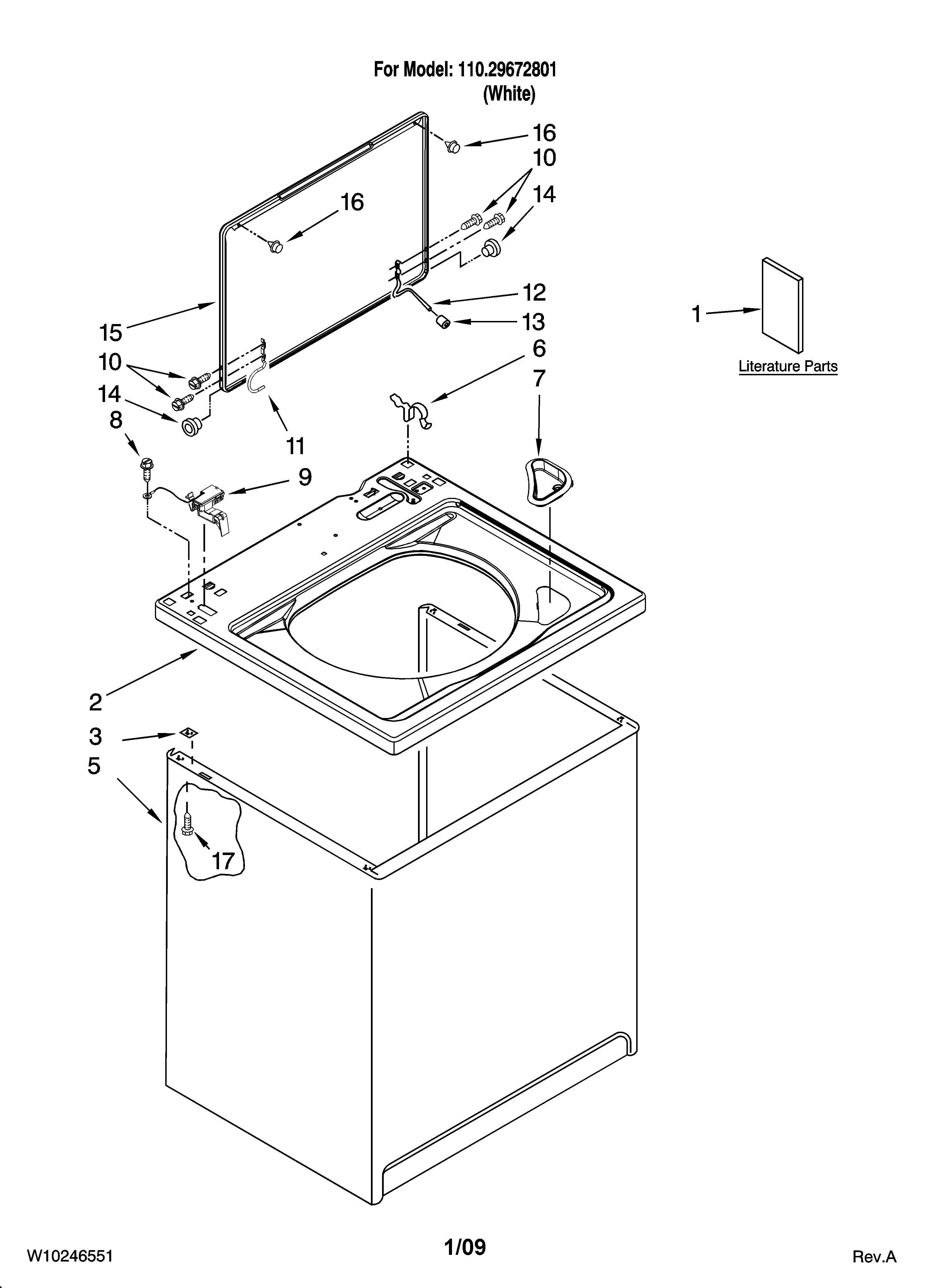 Kenmore 11029672801 top and cabinet parts diagram