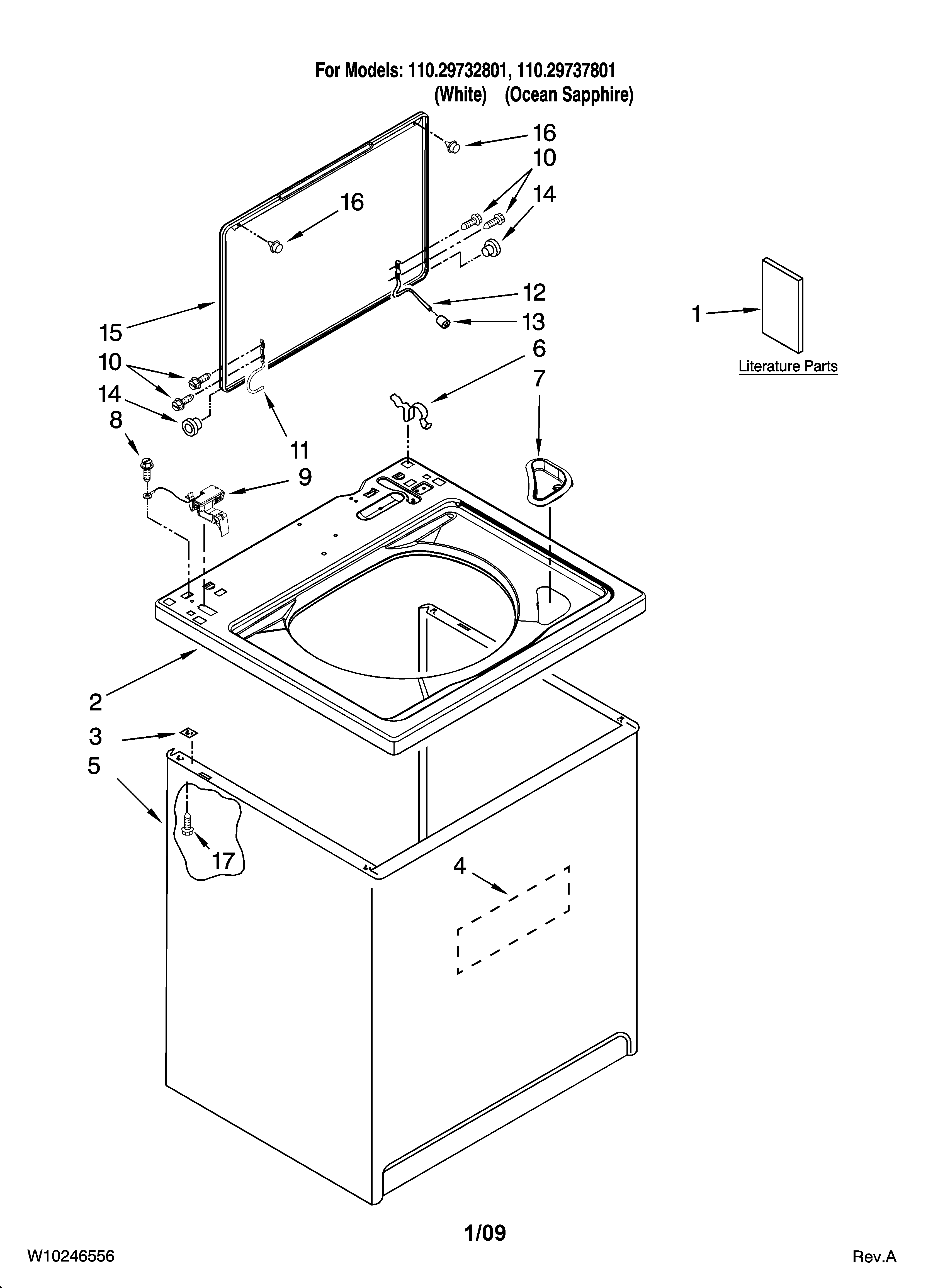 Kenmore 11029737801 top and cabinet parts diagram