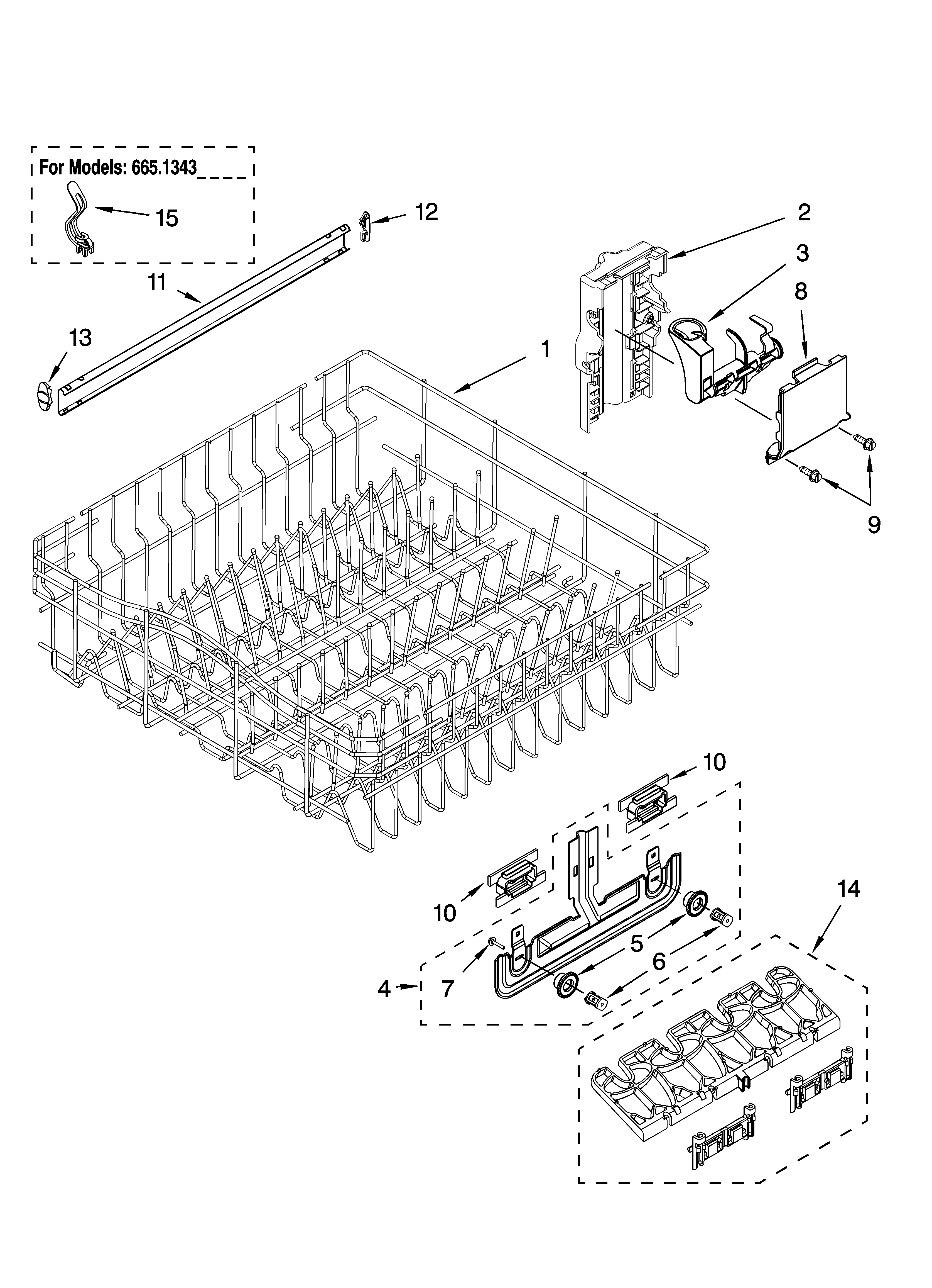 Kenmore Elite 66513239K700 upper rack and track parts diagram