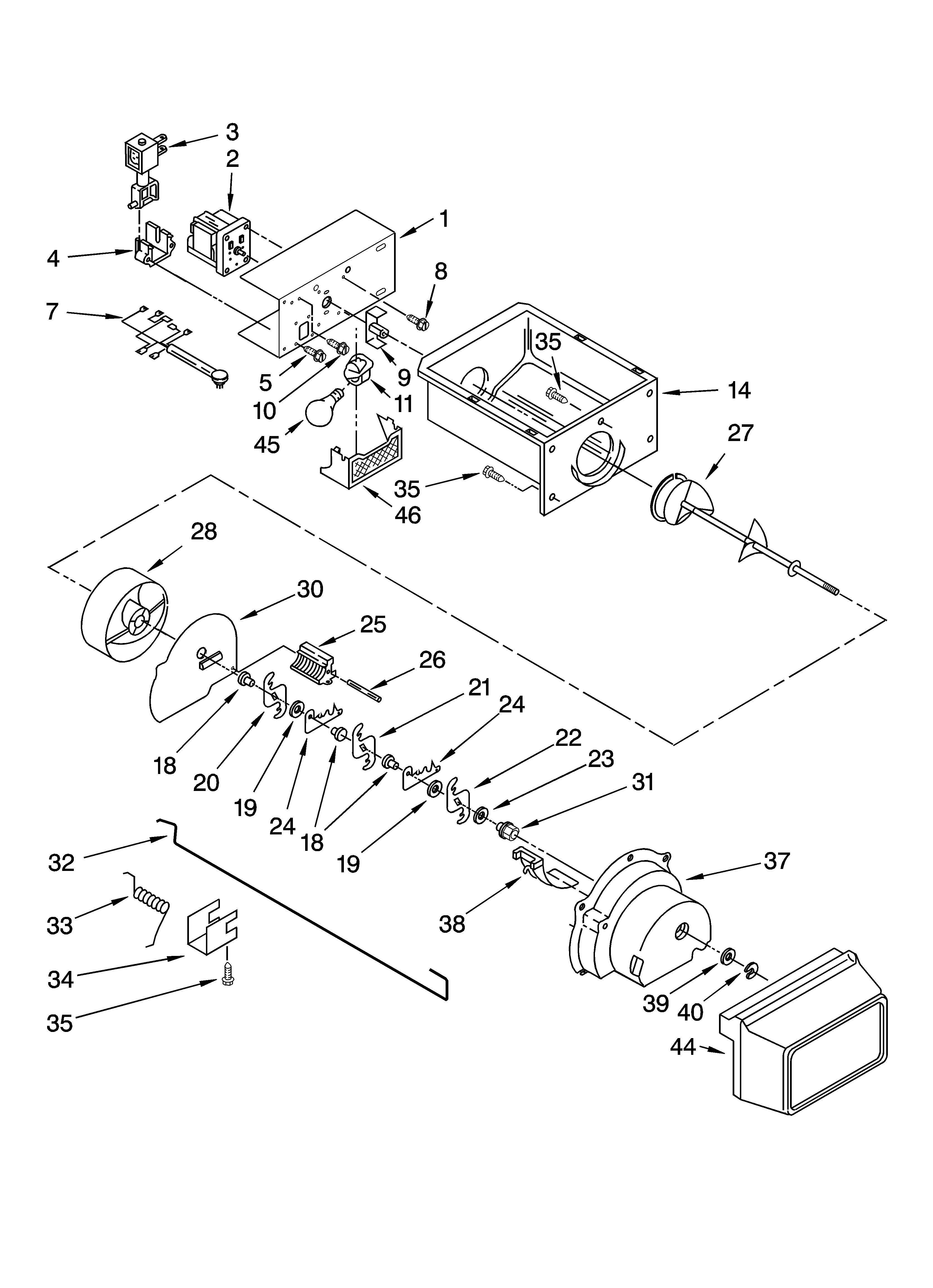 Kenmore 10658953801 motor and ice container parts diagram