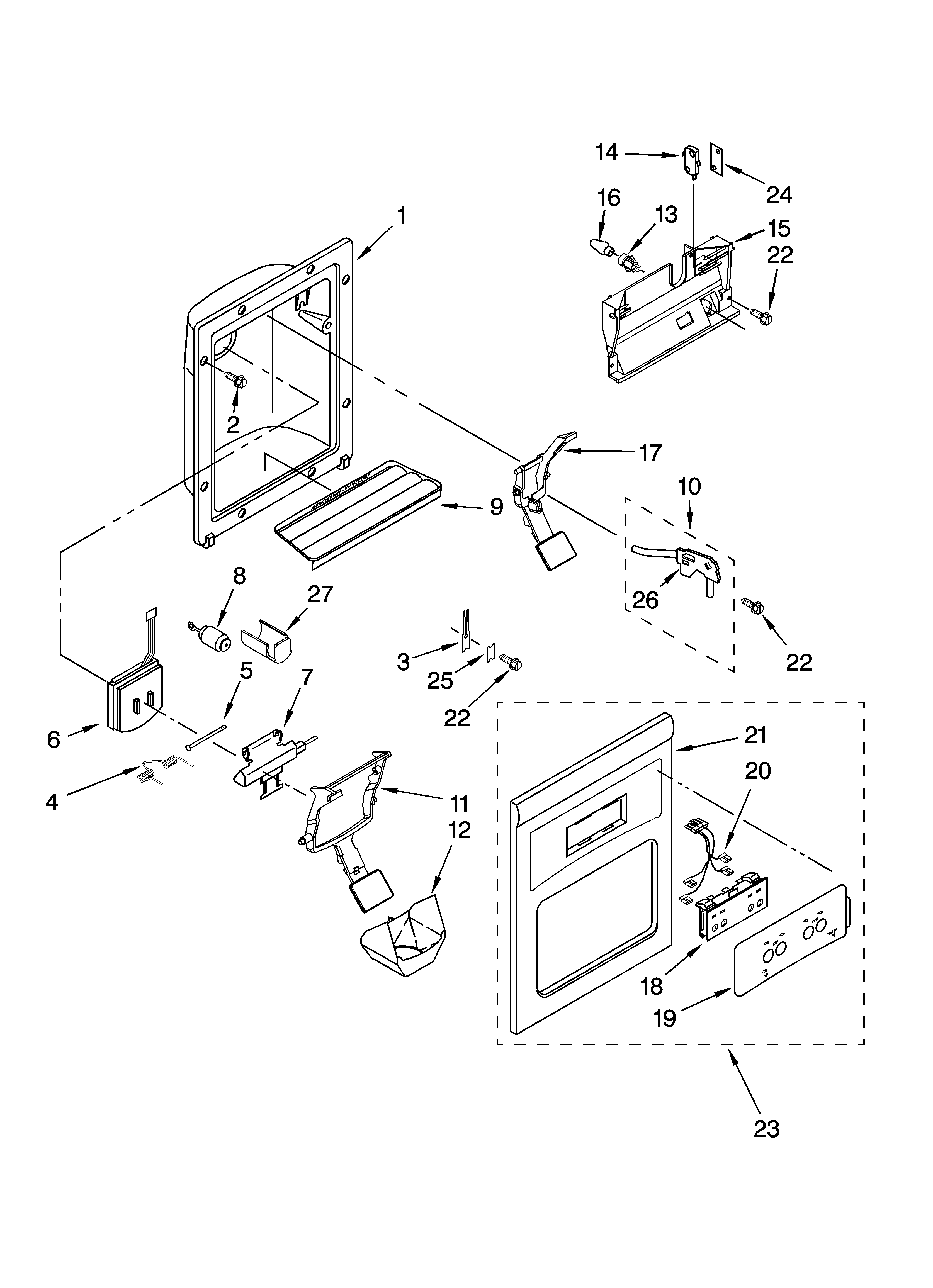 Kenmore 10658953801 dispenser front parts diagram