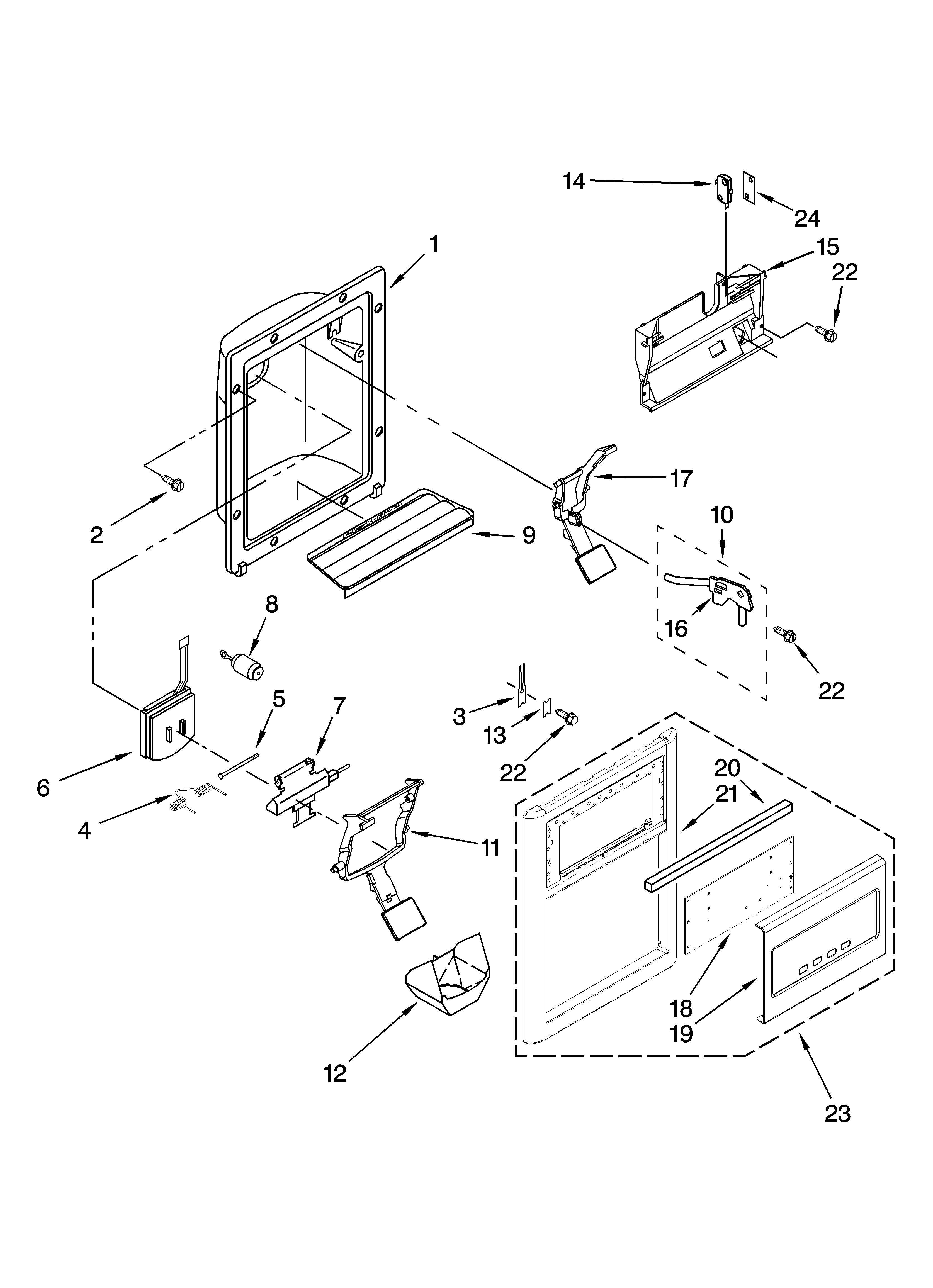 Kenmore Elite 10657876800 dispenser front parts diagram