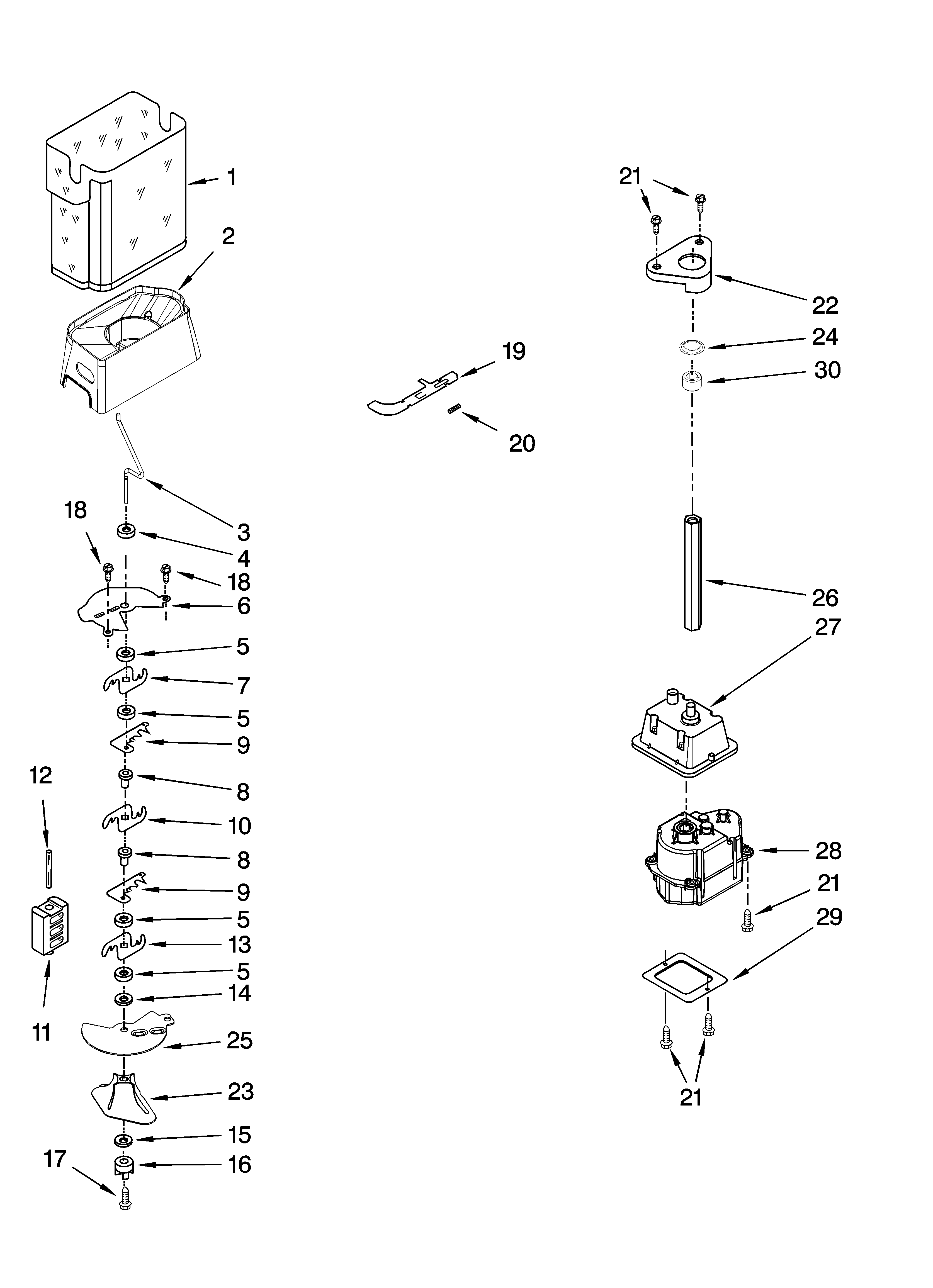Kenmore 10658329801 motor and ice container parts diagram