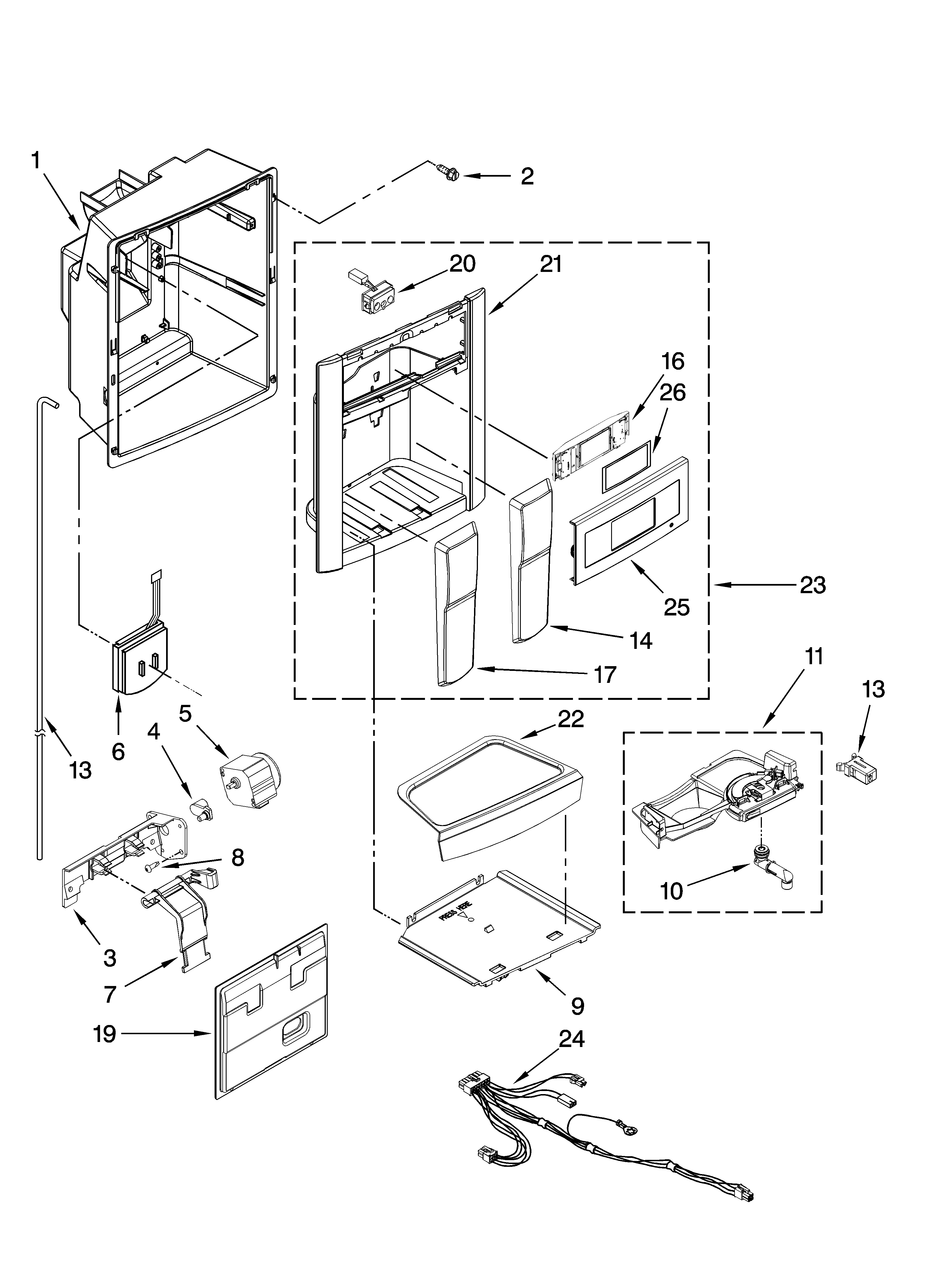 Kenmore Elite 10650459902 dispenser front parts diagram