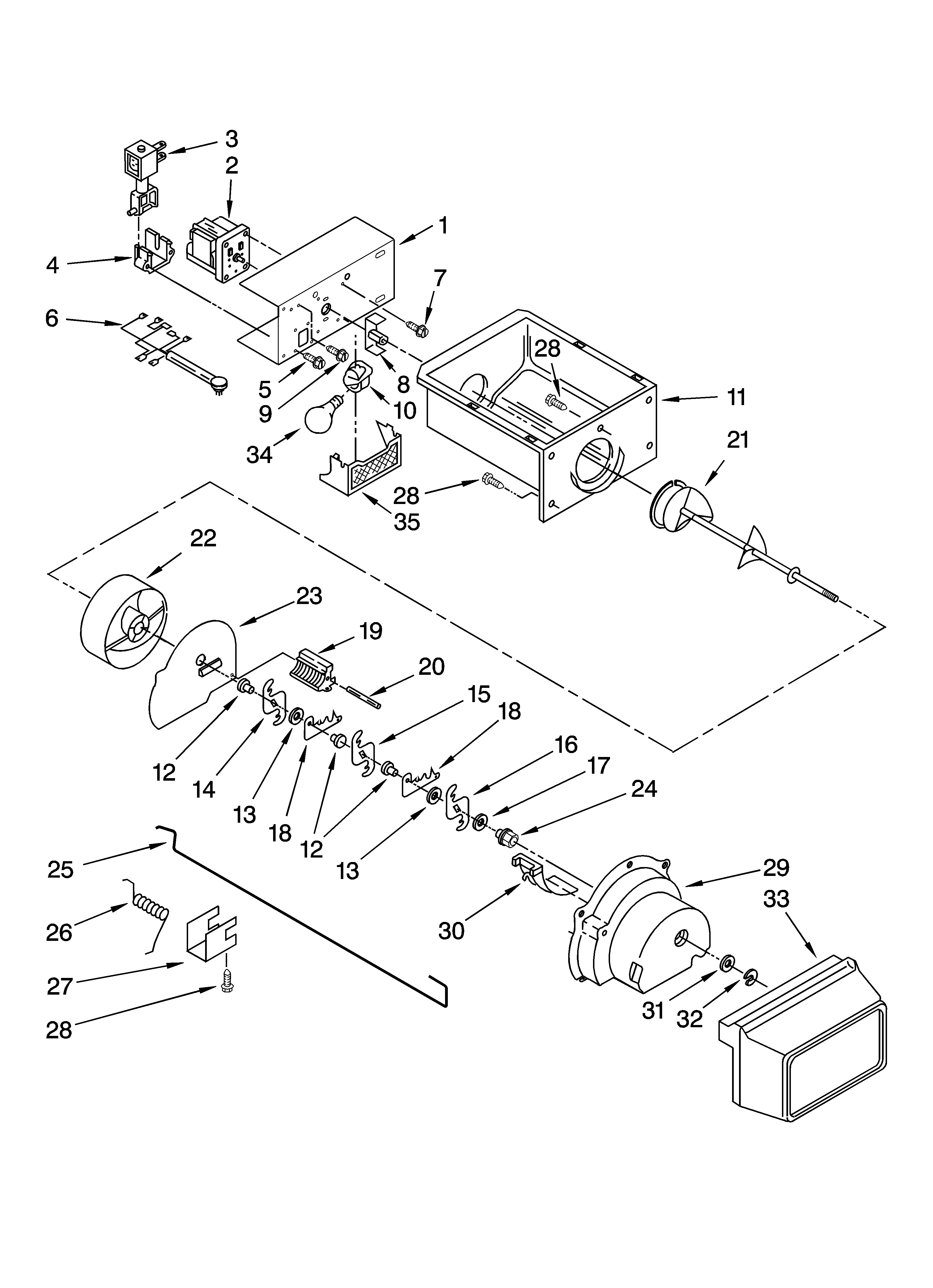 Kenmore 10657162701 motor and ice container parts diagram
