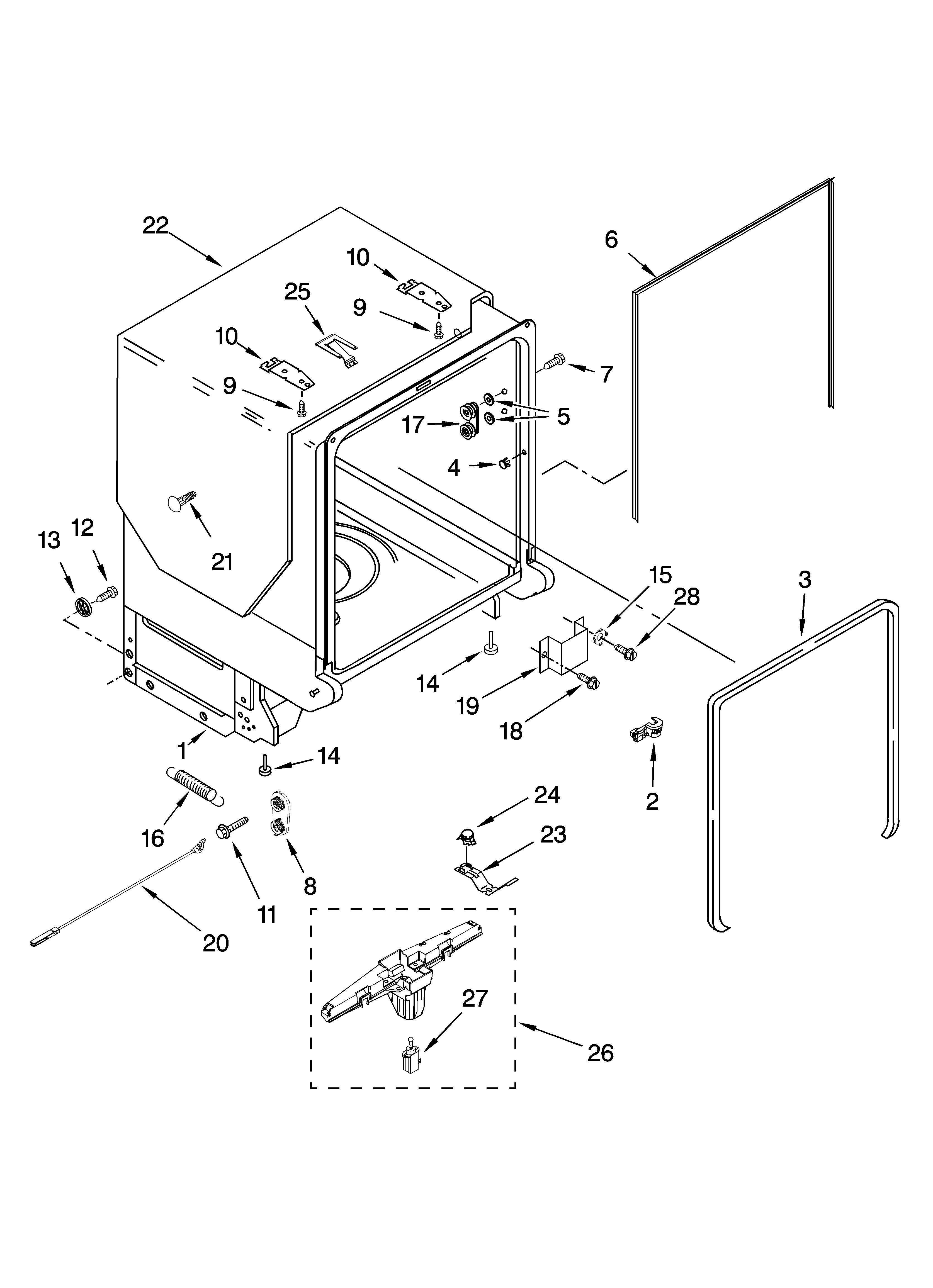 Kenmore Elite 66513104K900 tub and frame parts diagram