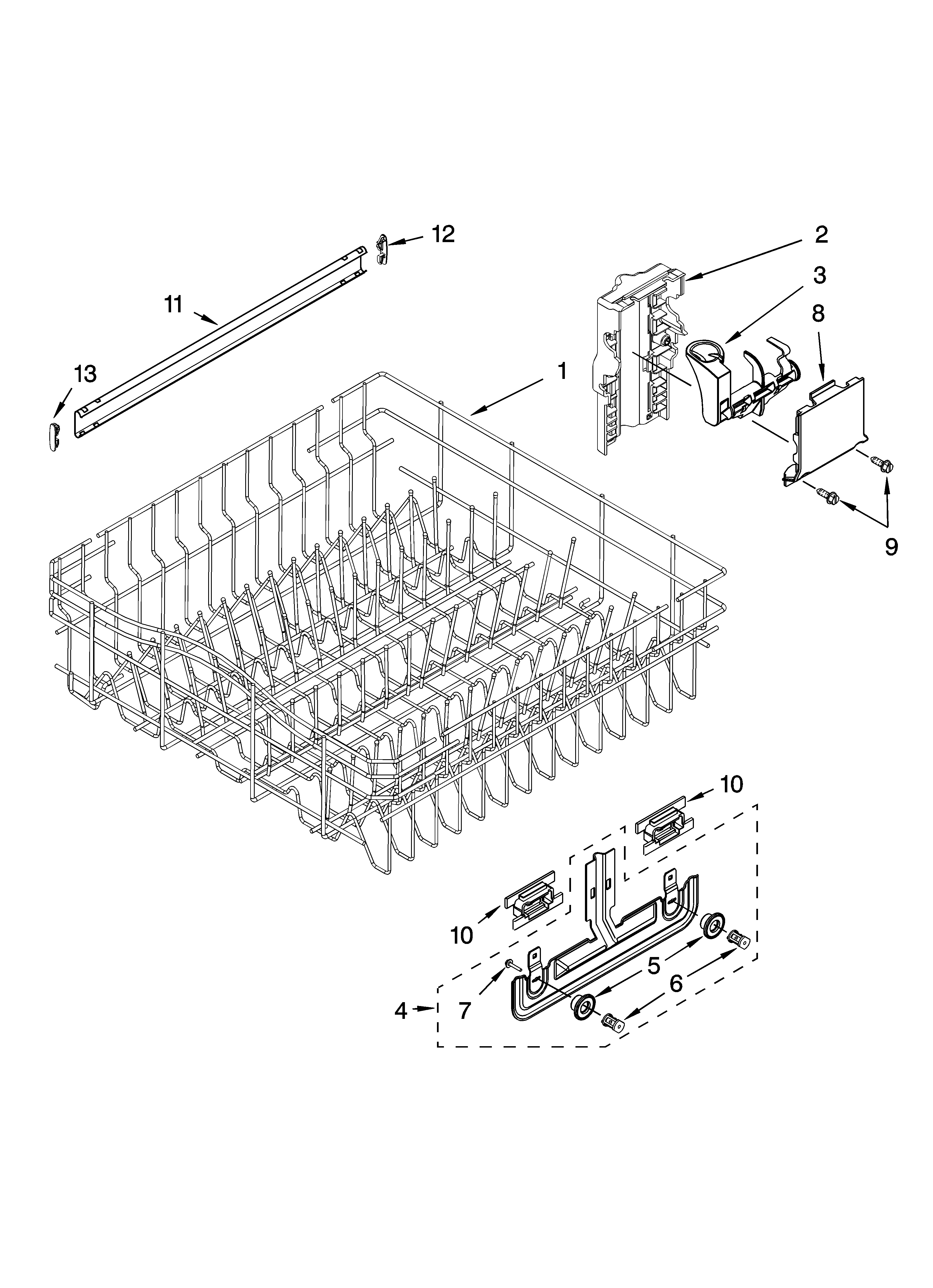 Kenmore Elite 66513104K900 upper rack and track parts diagram