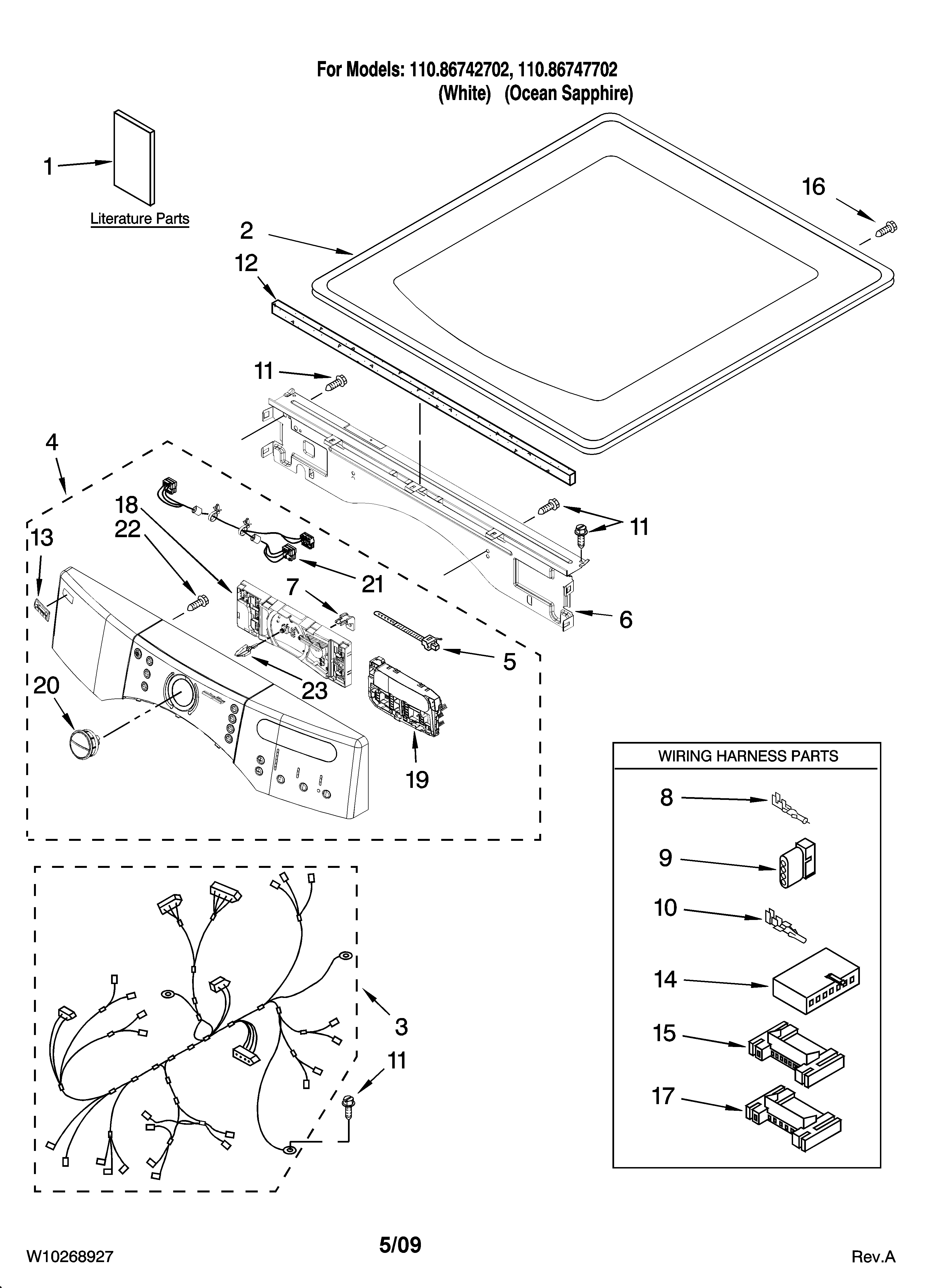 Kenmore Elite 11086747702 top and console parts diagram