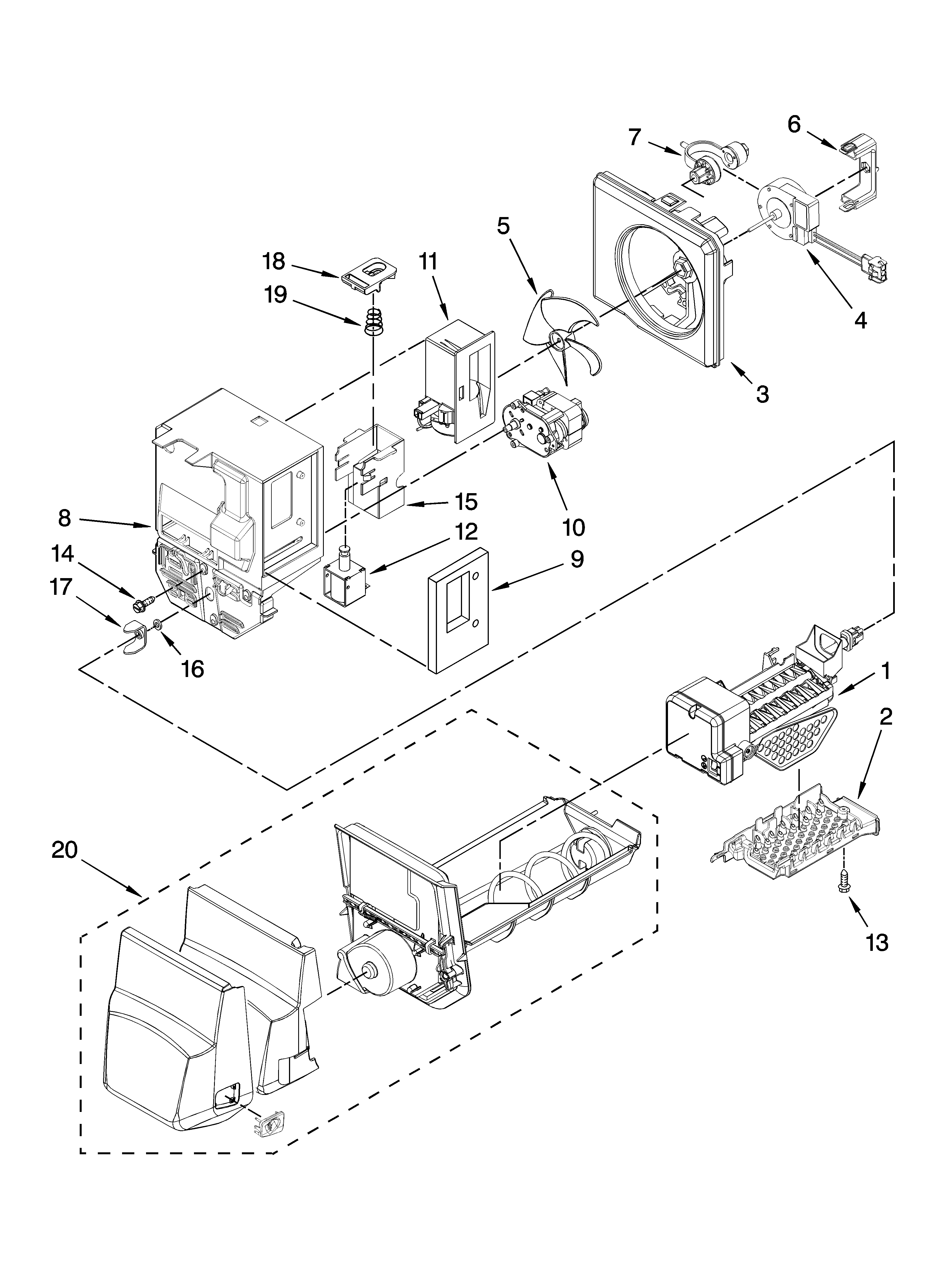 Kenmore Elite 59678539801 motor and ice container parts diagram