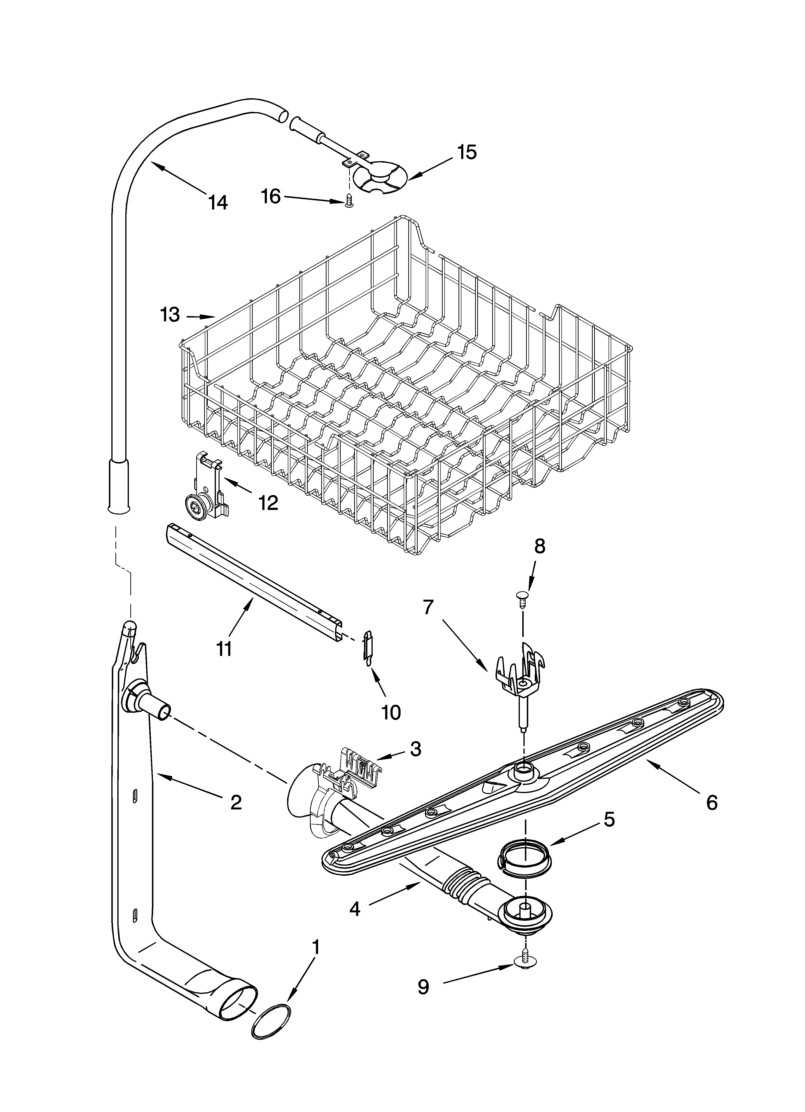Kenmore 66513402K900 upper dishrack and water feed parts diagram