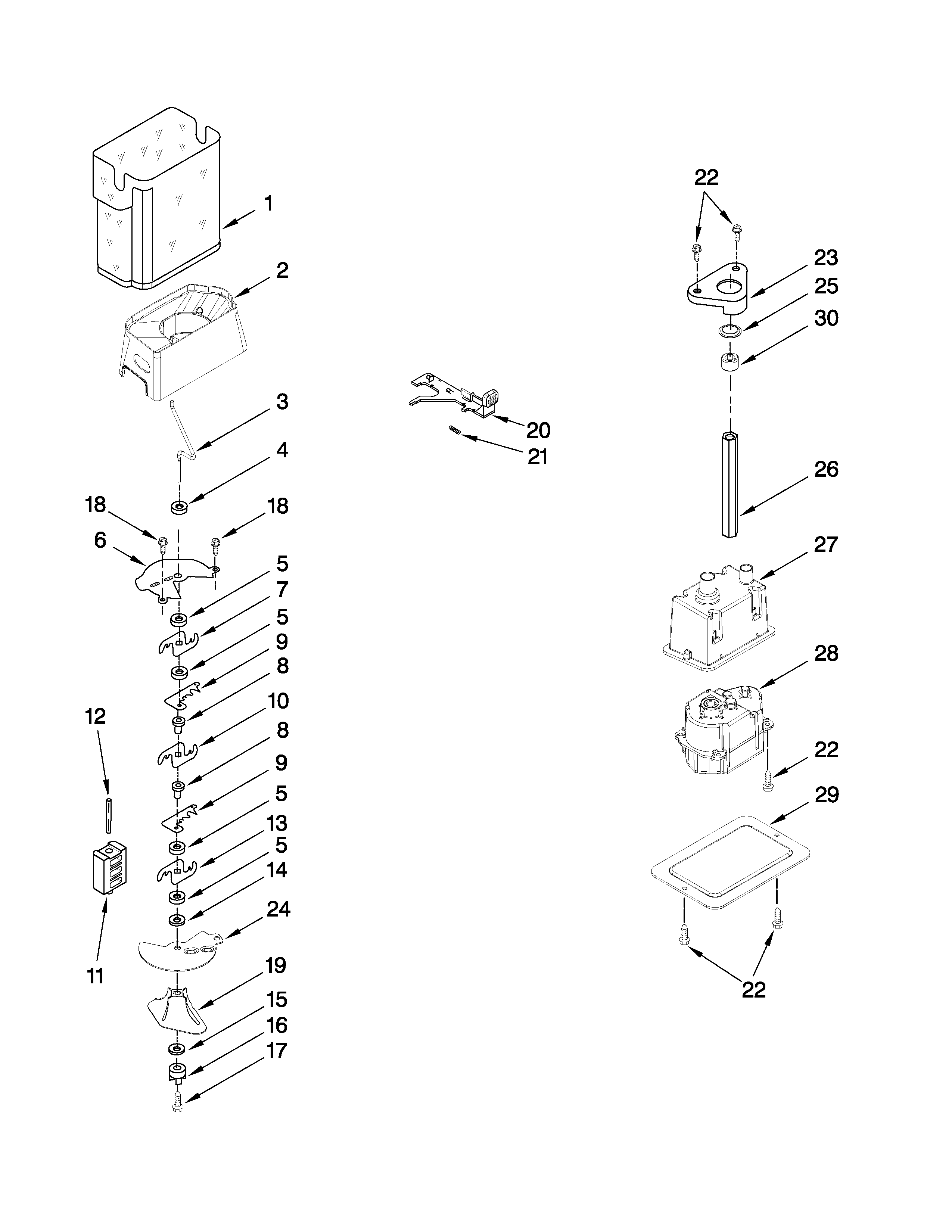 Kenmore 10658153801 motor and ice container parts diagram