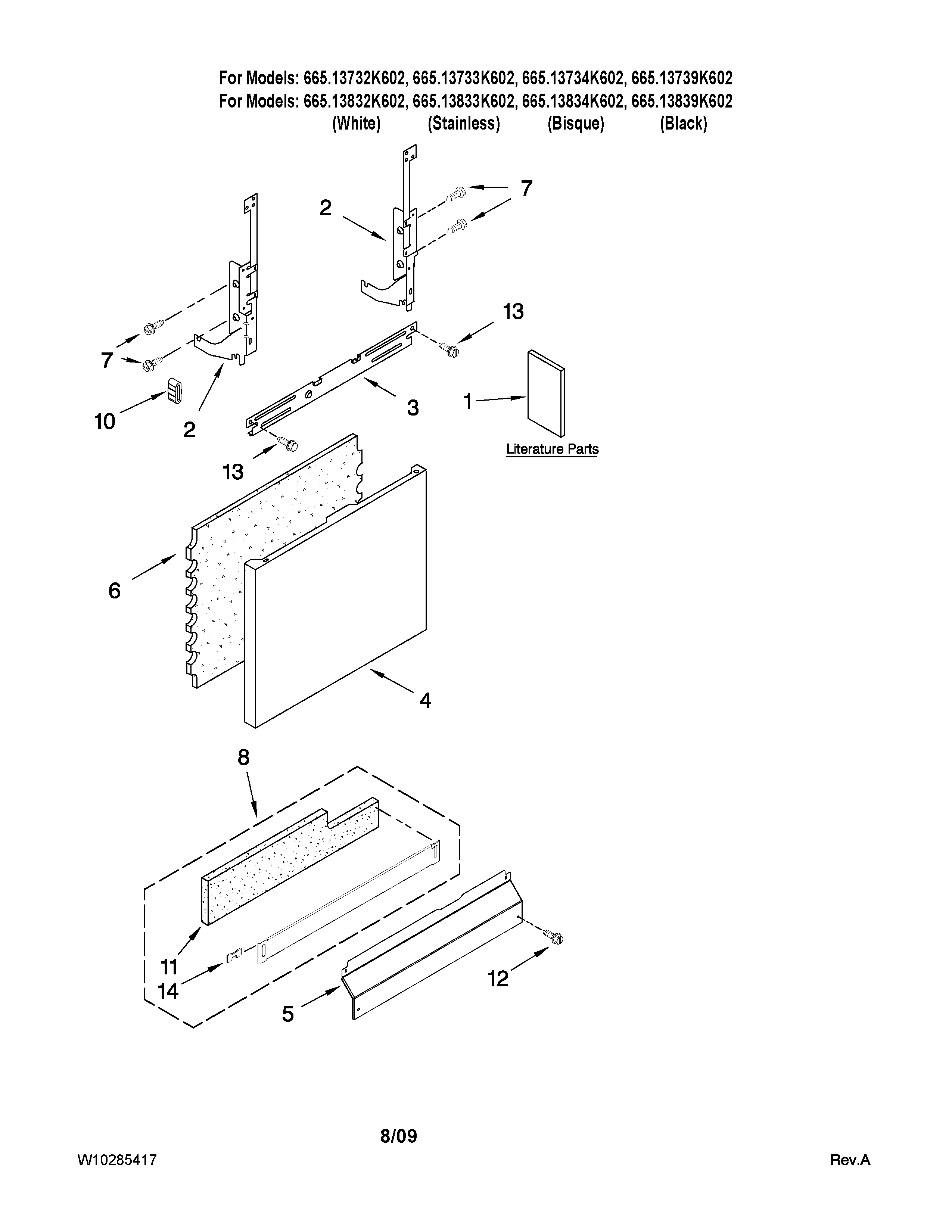 Kenmore 66513832K602 door and panel parts diagram