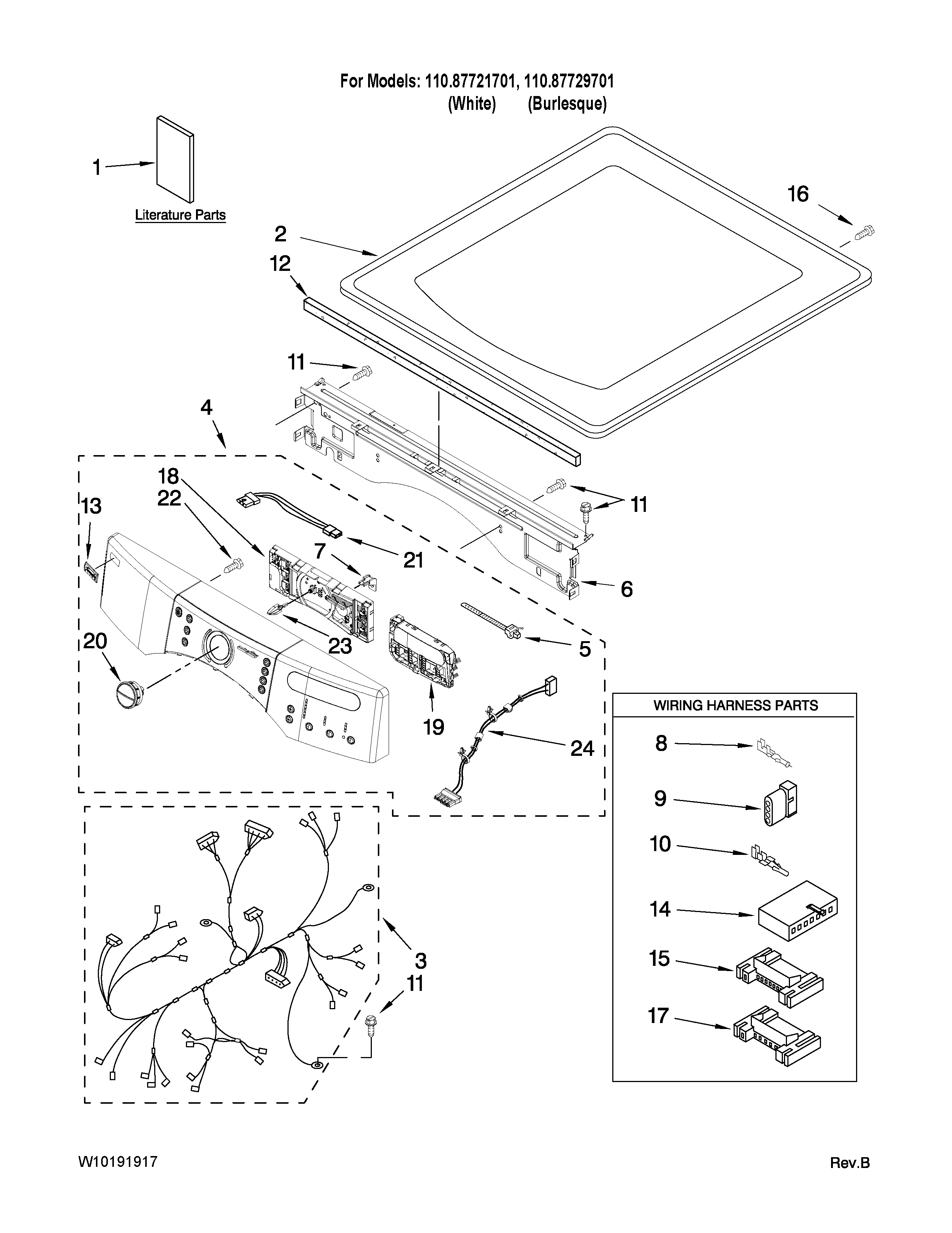 Kenmore Elite 11087729701 top and console parts diagram