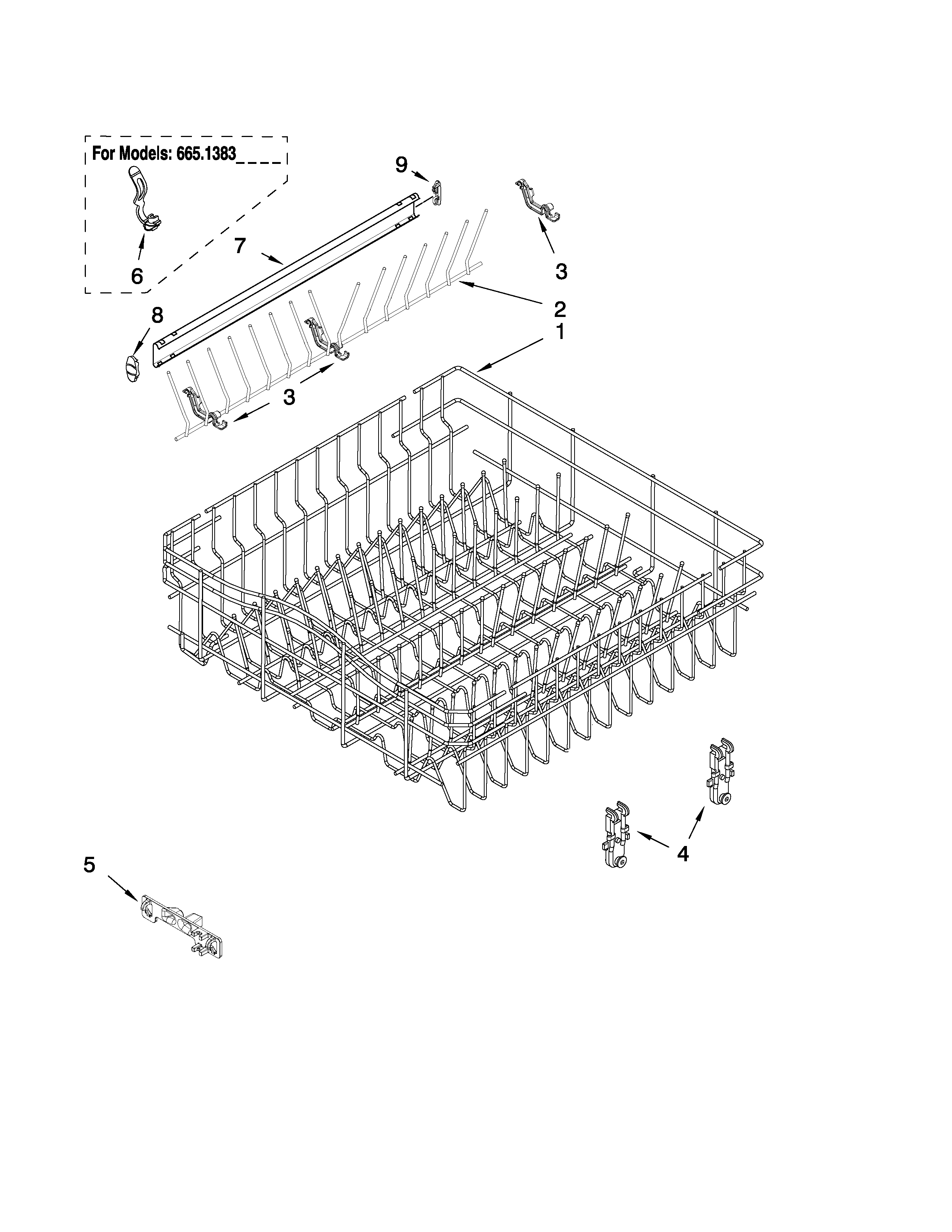 Kenmore 66513899K801 upper rack and track parts diagram