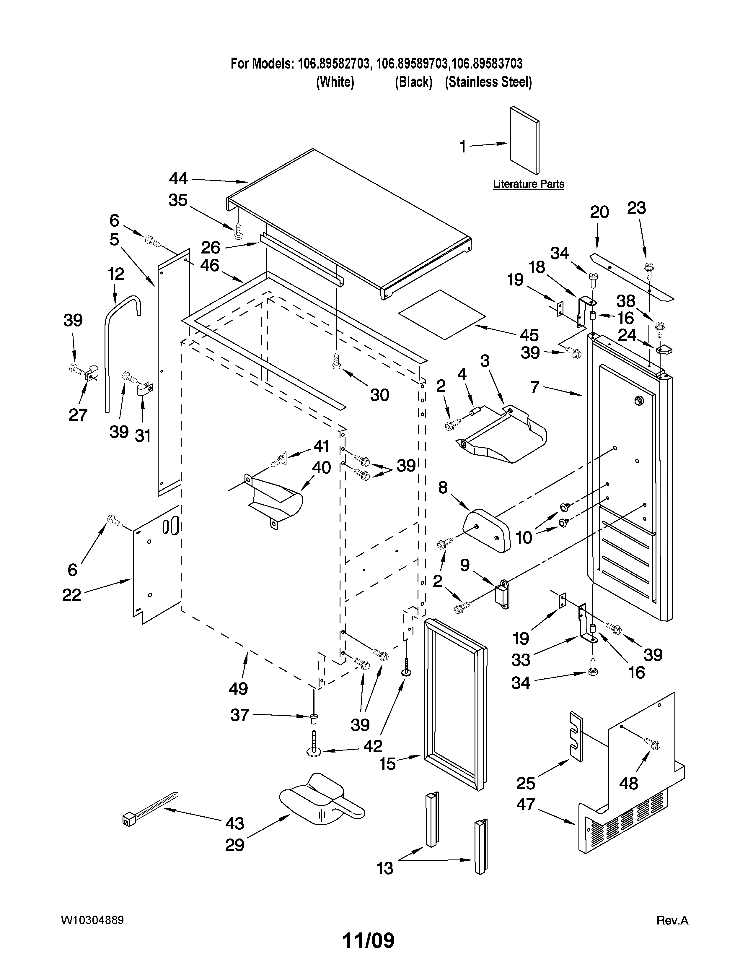 Kenmore 10689582703 cabinet liner and door parts diagram