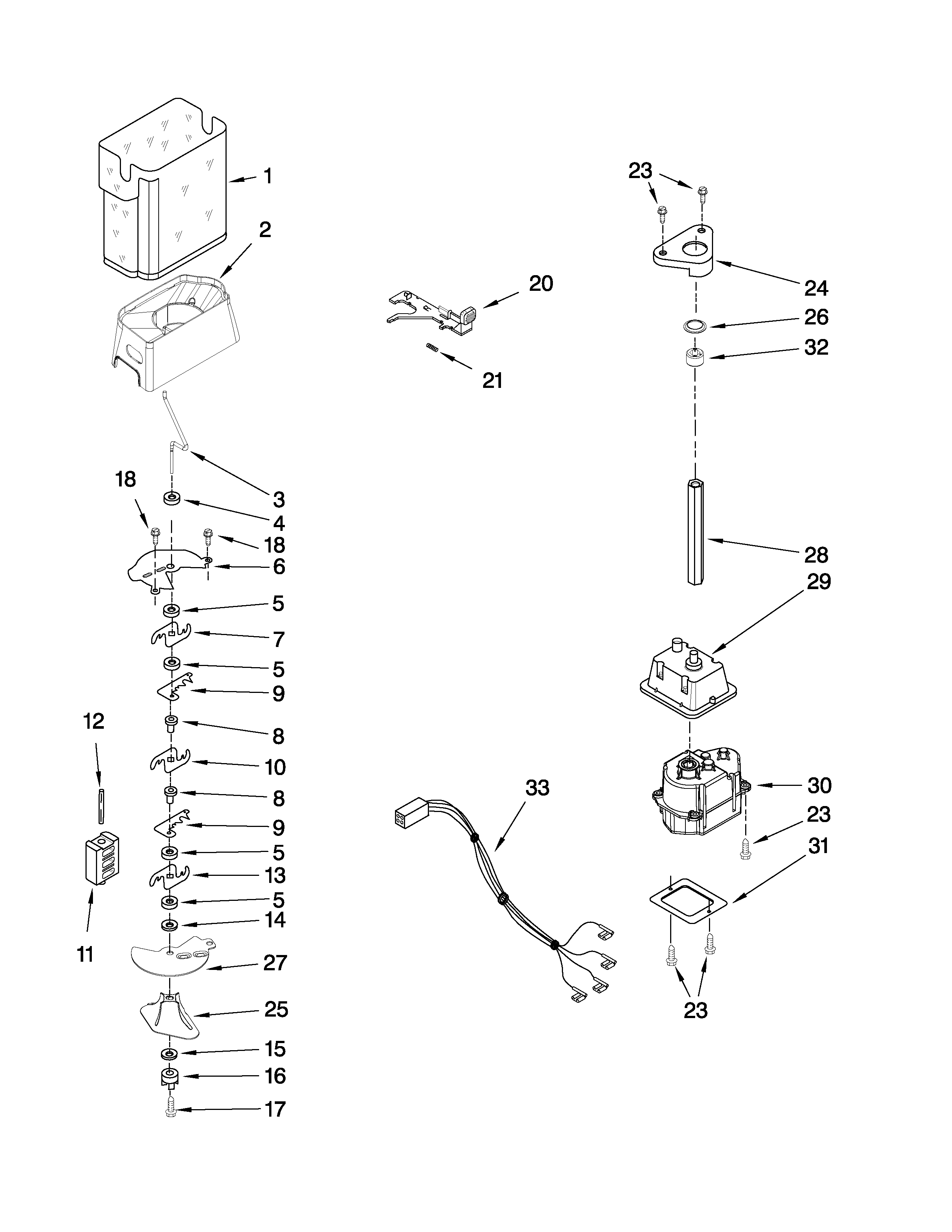 Kenmore Elite 10646029801 motor and ice container parts diagram
