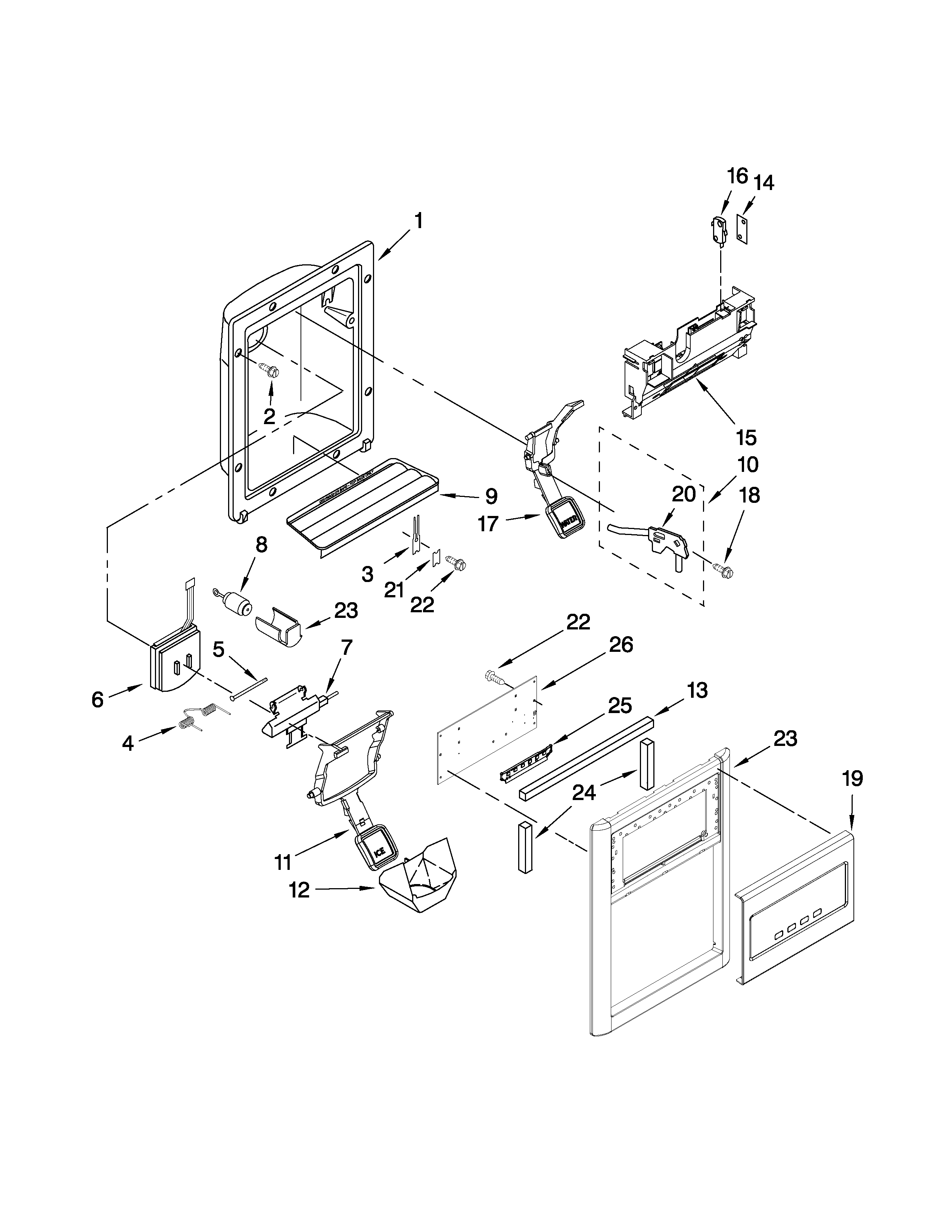 Kenmore Elite 10646029801 dispenser front parts diagram
