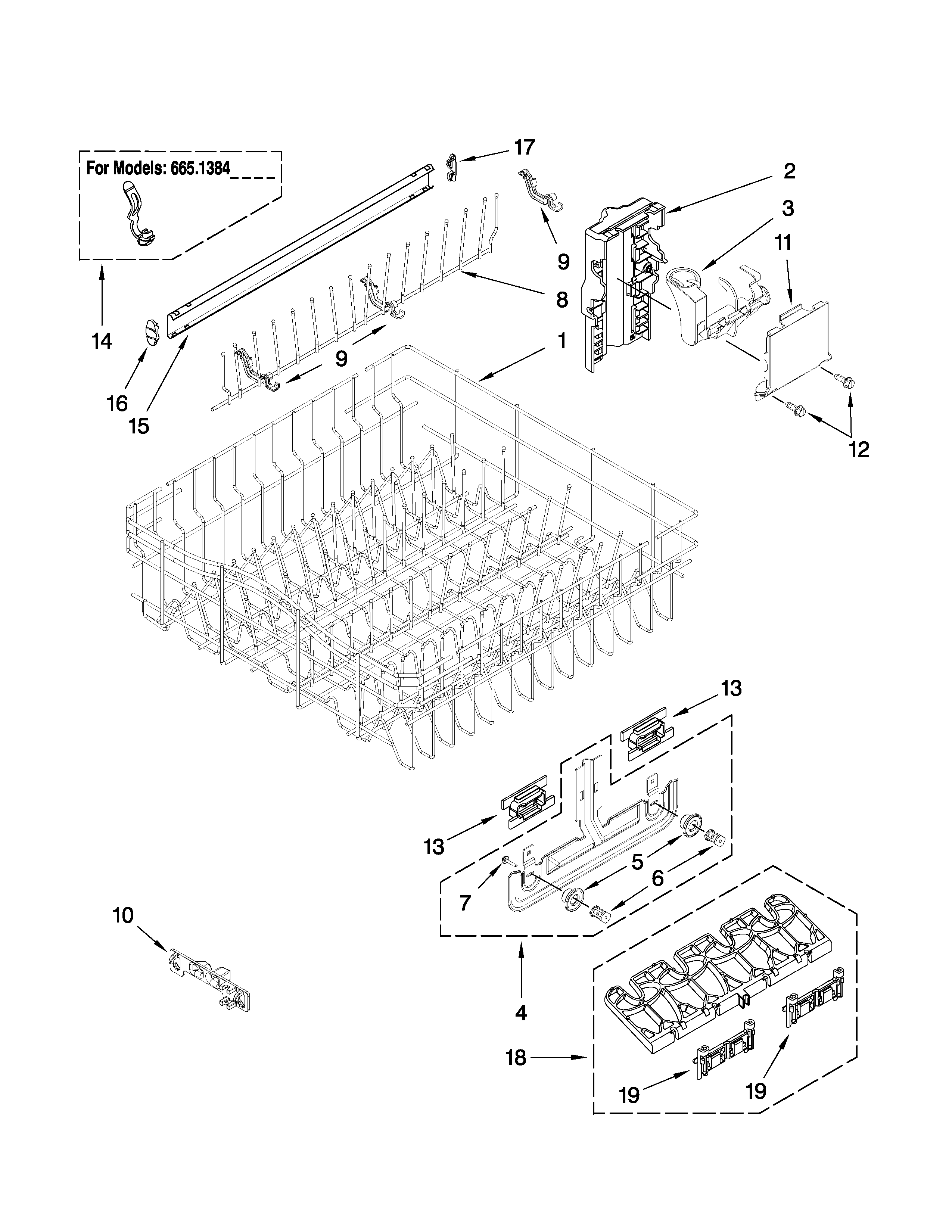Kenmore 66513749K602 upper rack and track parts diagram