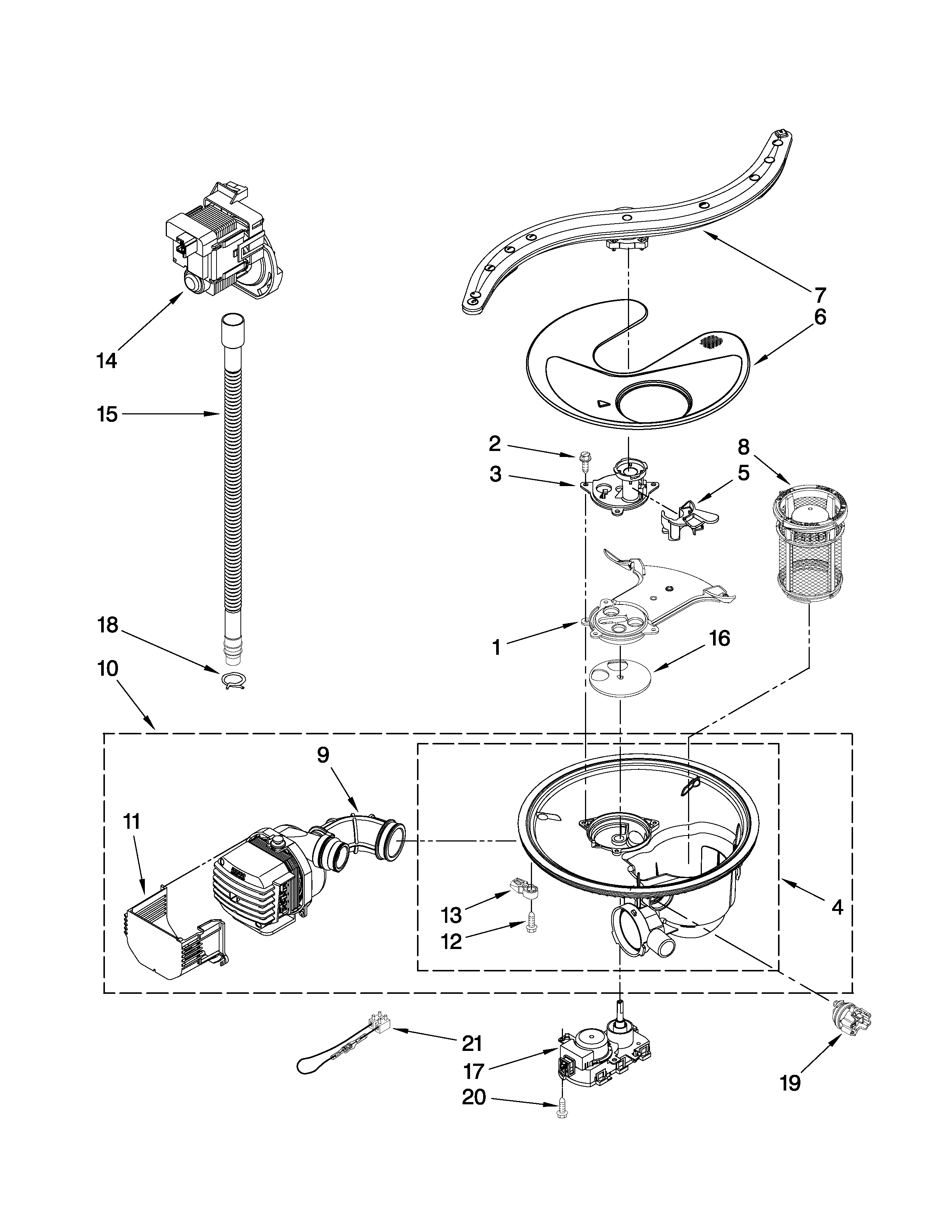Kenmore Elite 66513183K802 pump, washarm and motor parts diagram