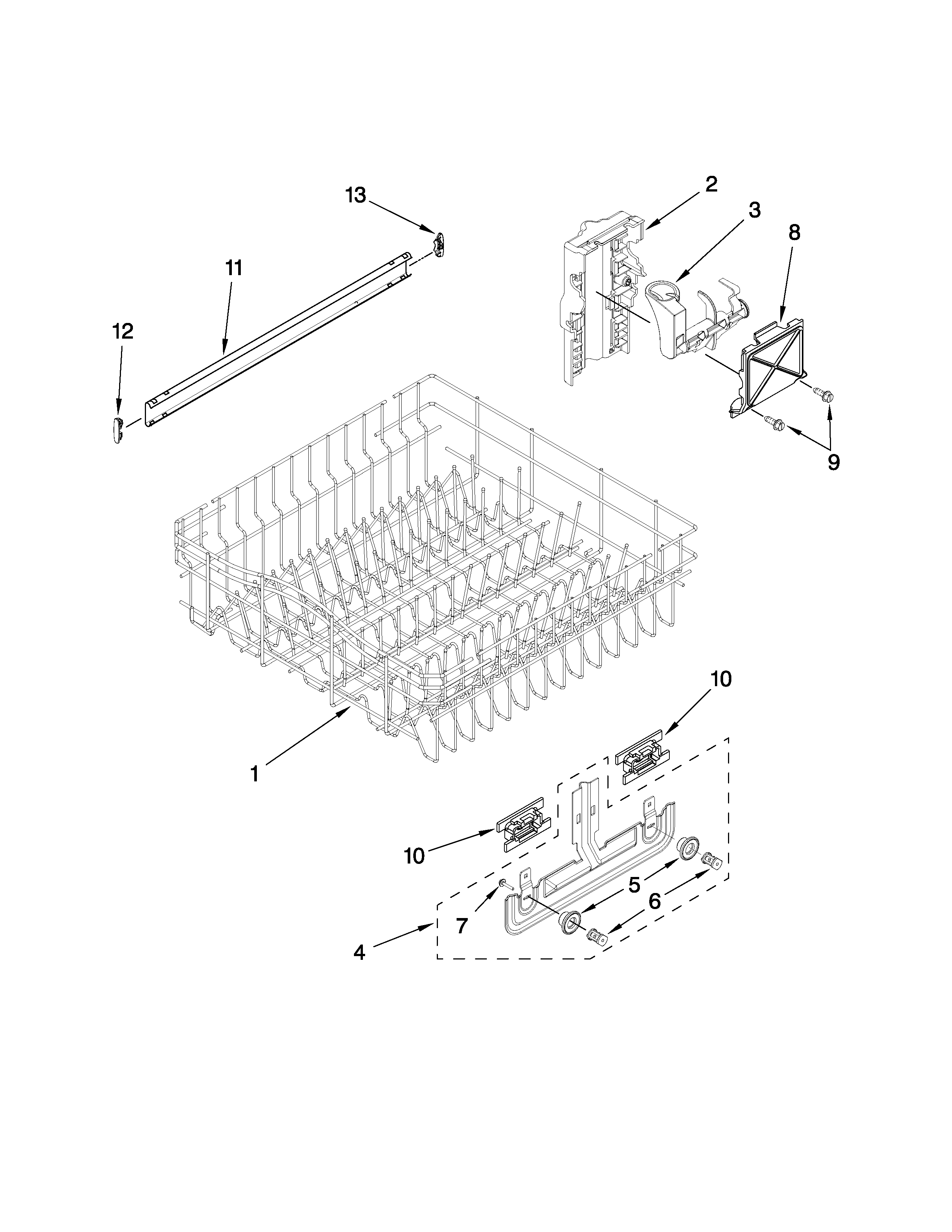 Kenmore Elite 66513183K802 upper rack and track parts diagram