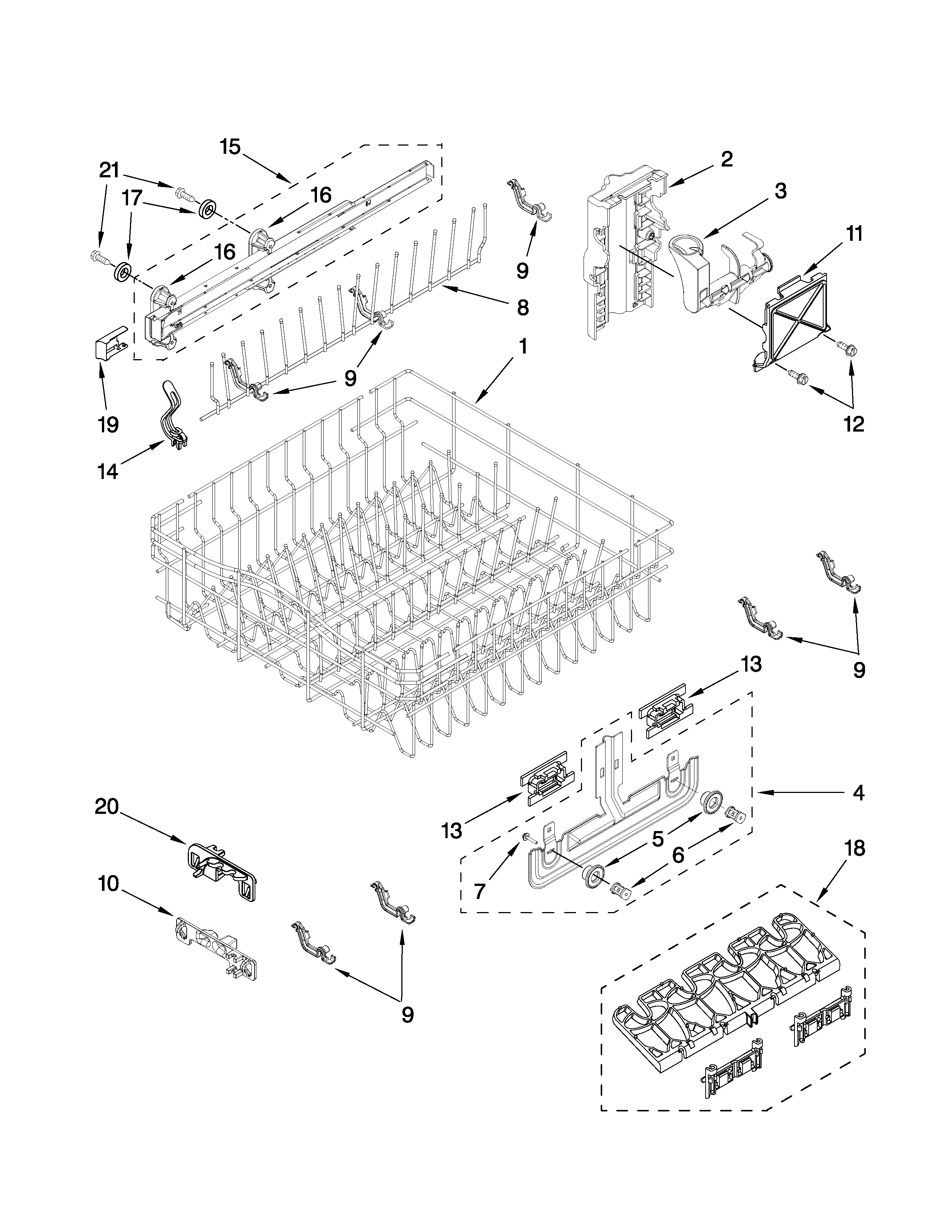 Kenmore Elite 66513194K902 upper rack and track parts diagram