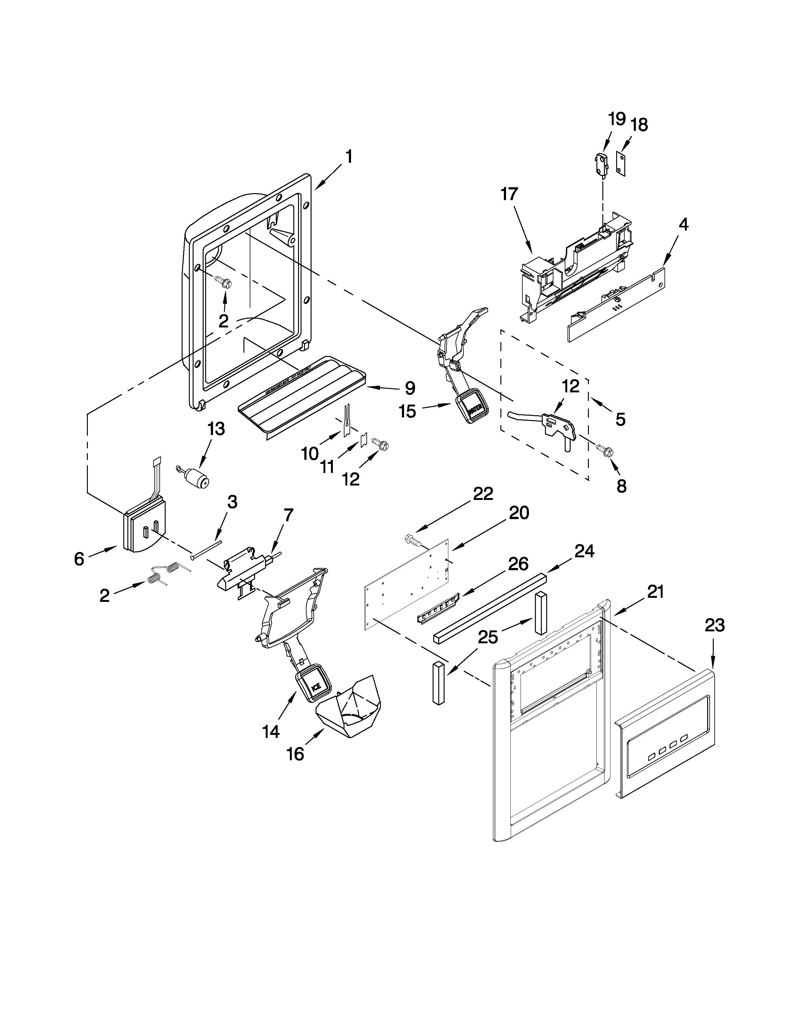 Kenmore Elite 10659962804 dispenser front parts diagram