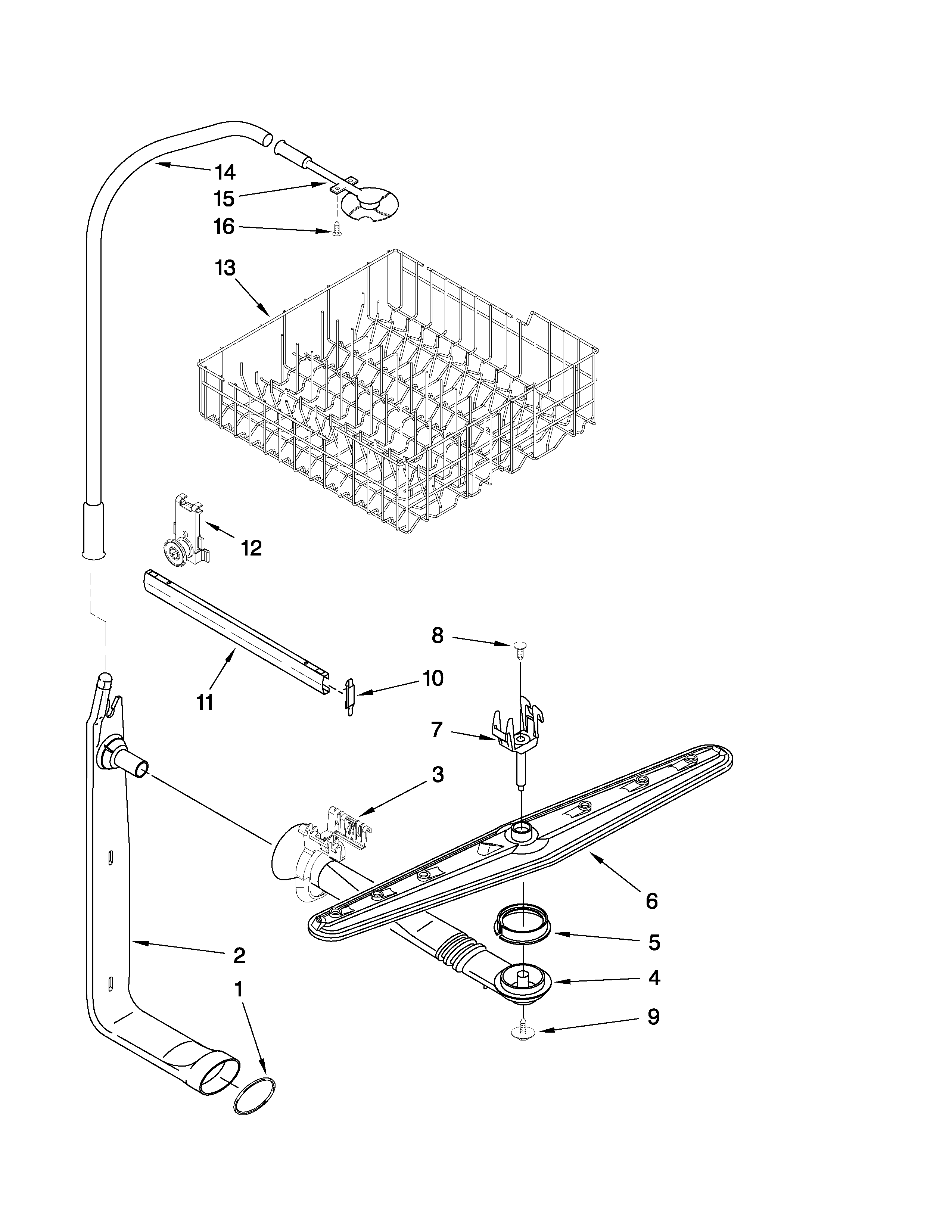 Kenmore 66513443K901 upper dishrack and water feed parts diagram