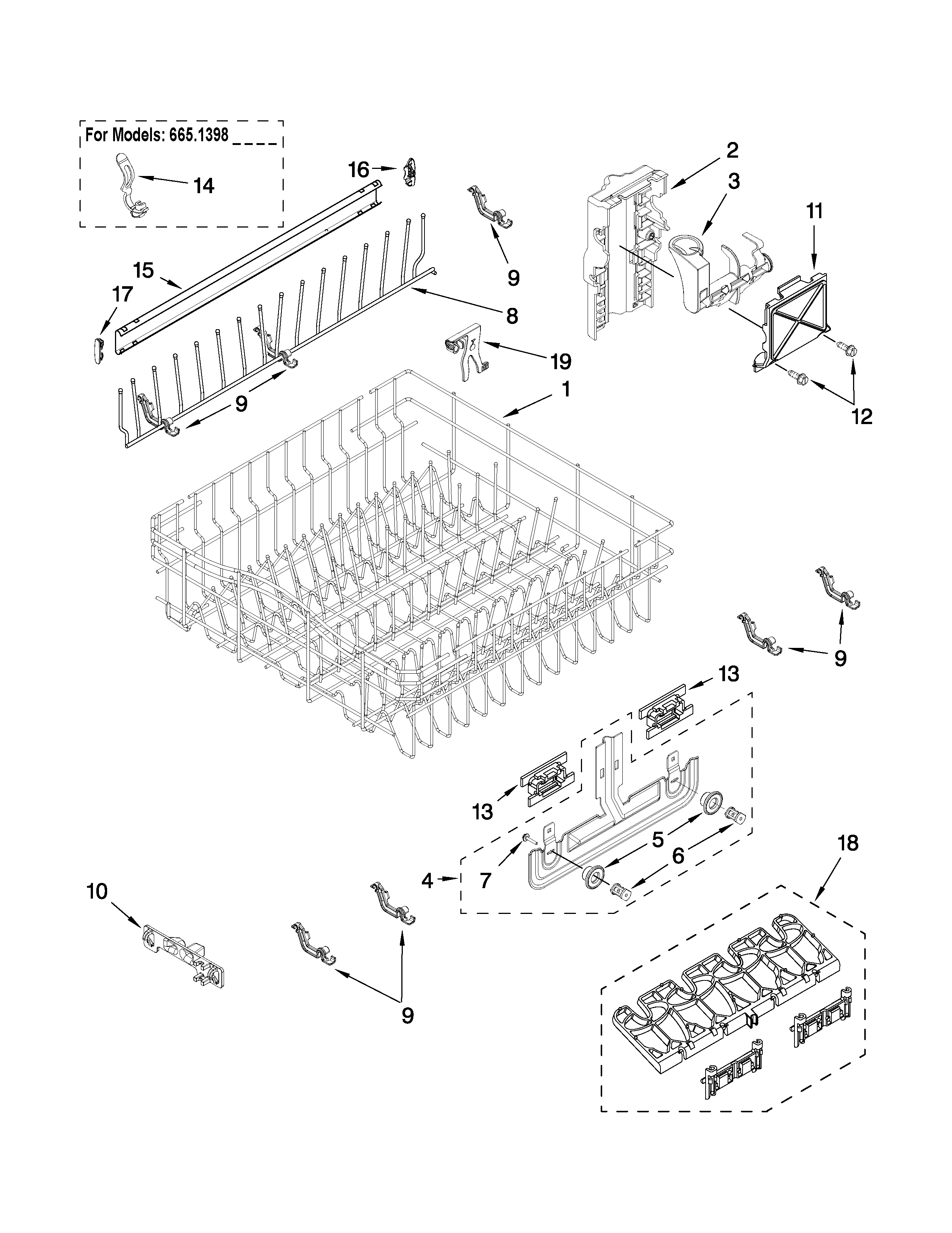 Kenmore 66513889K801 upper rack and track parts diagram