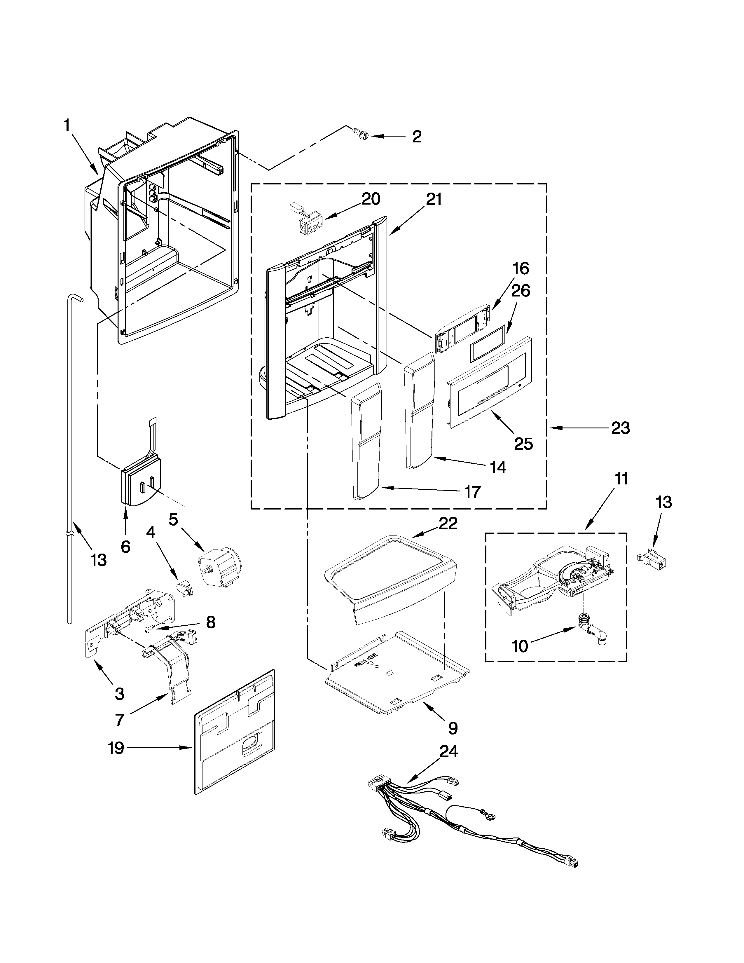 Kenmore Elite 10650446903 dispenser front parts diagram
