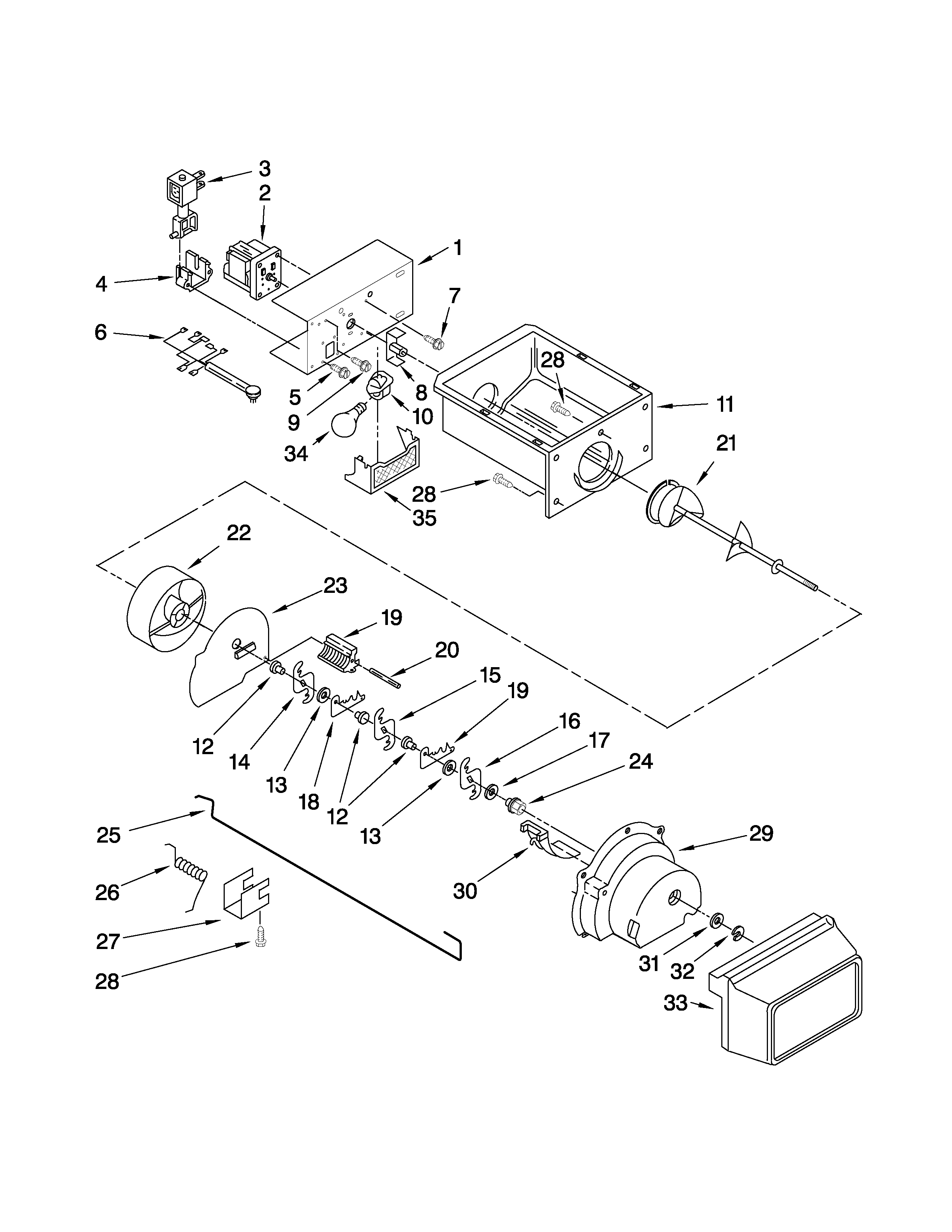 Kenmore 10658124701 motor and ice container parts diagram