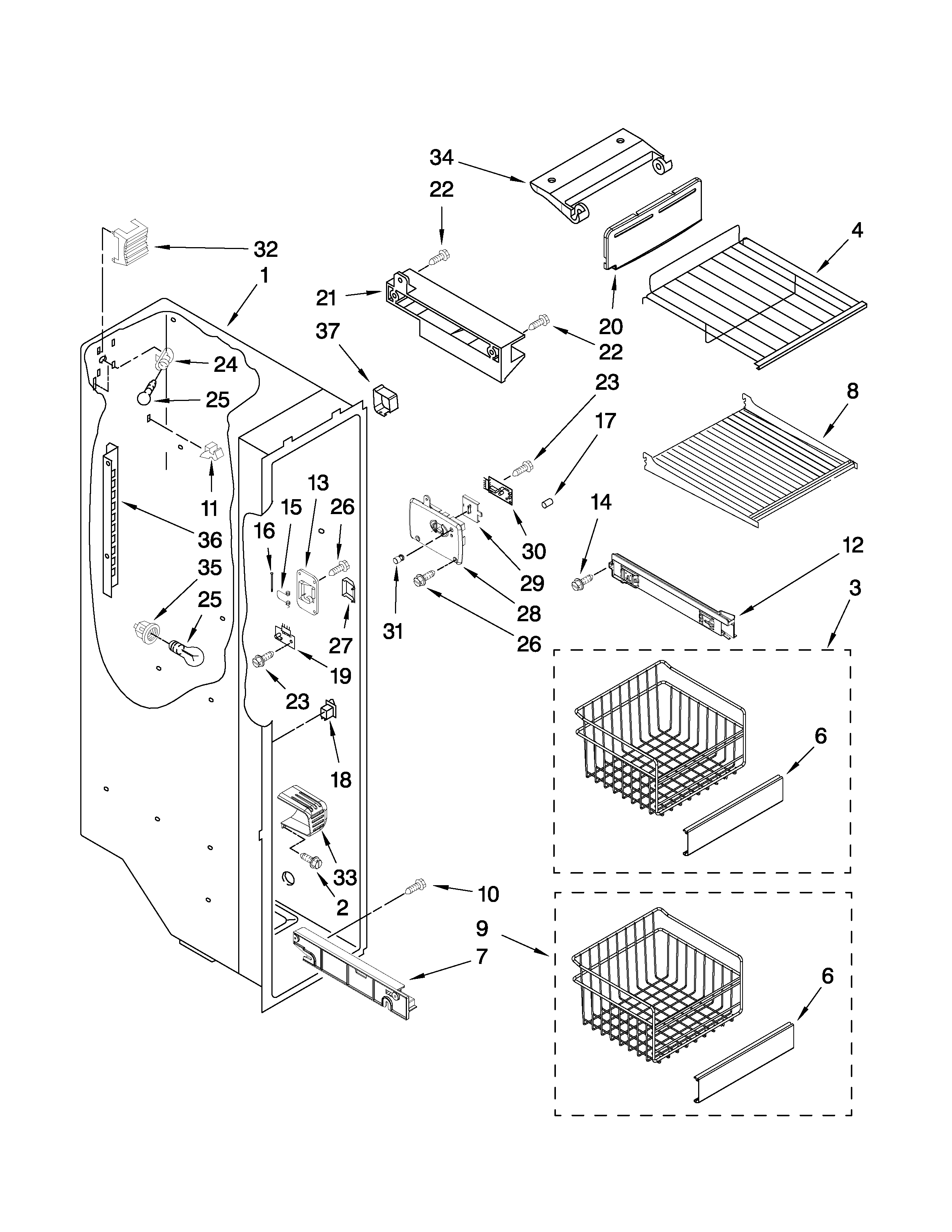 Kenmore Elite 10645433801 freezer liner parts diagram